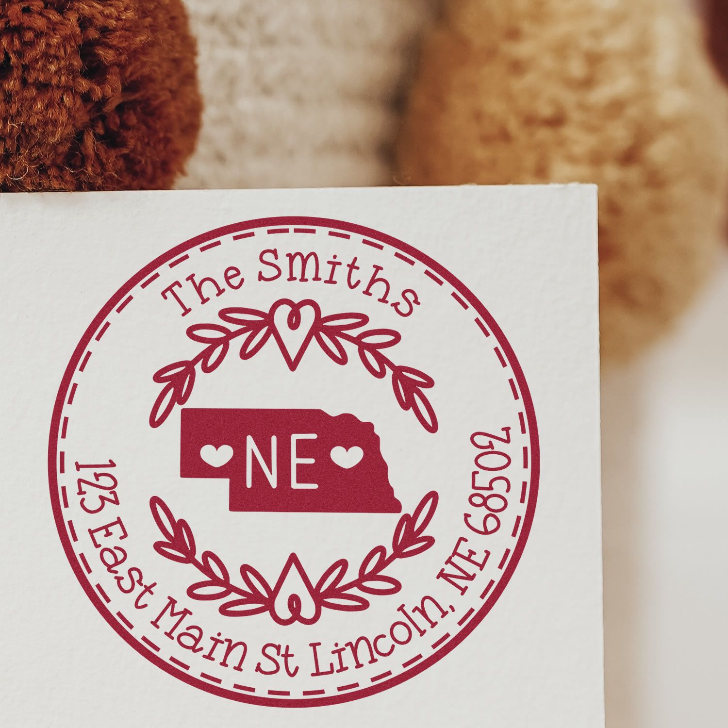 Wooden Handle Round Nebraska State Wreath Mailing Address Rubber Stamp