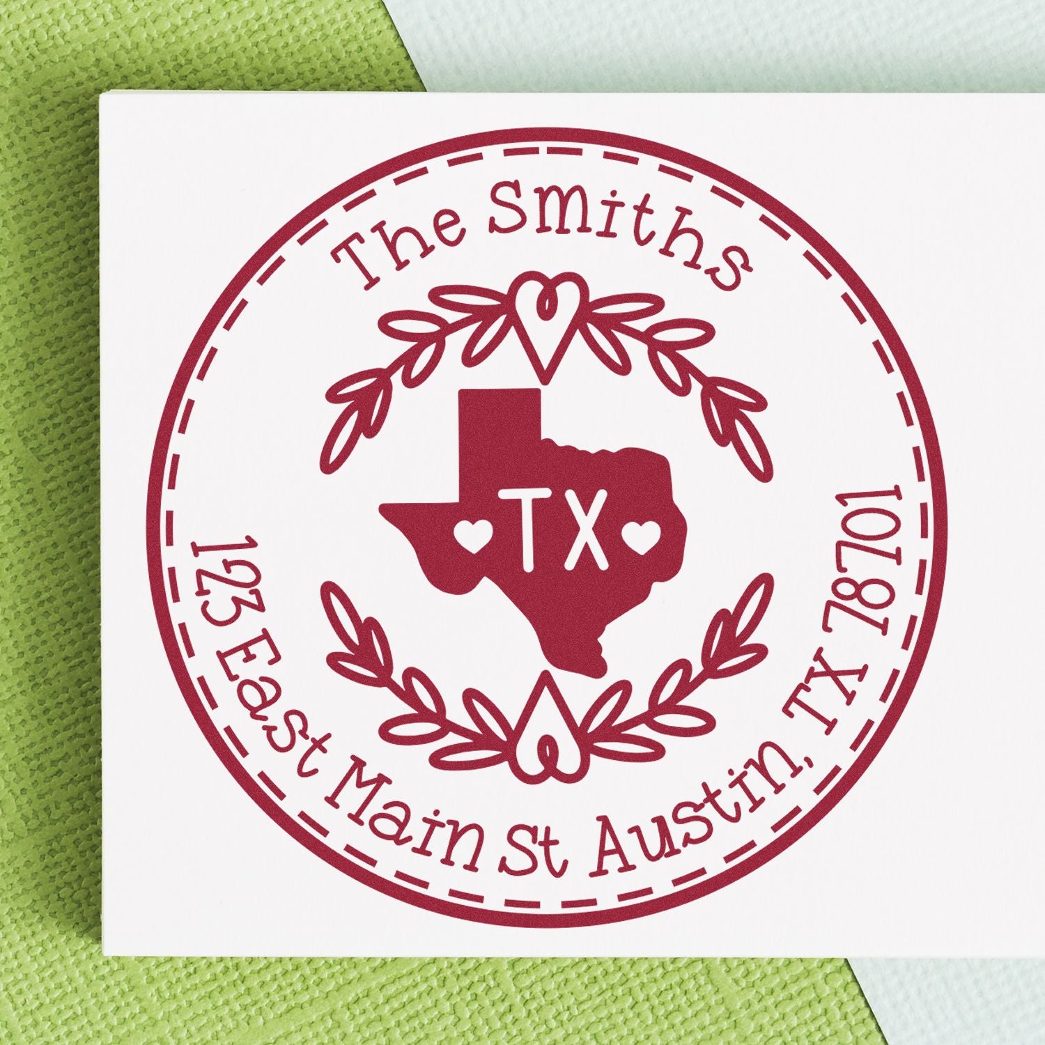 Wooden Handle Round Texas State Wreath Personalized Address Return Rubber Stamp