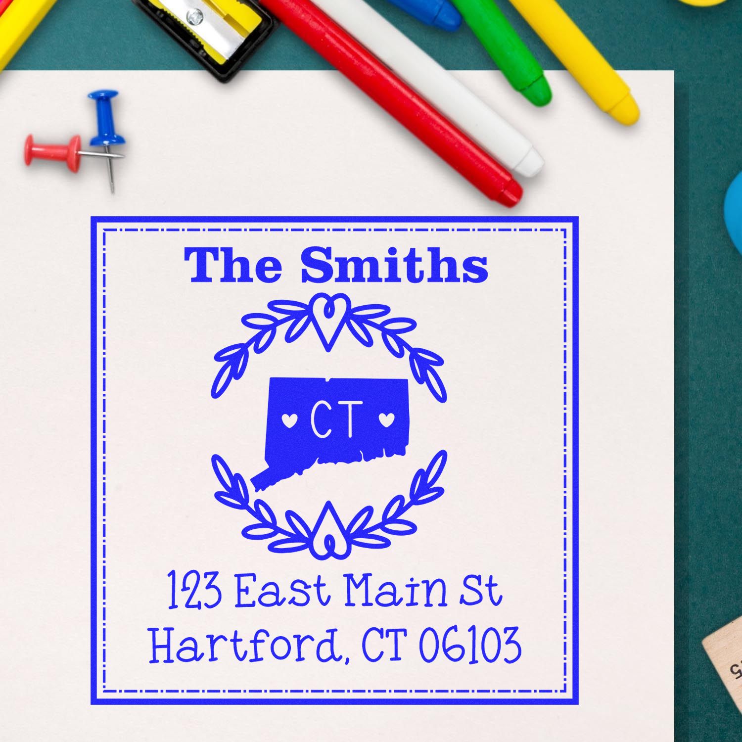 Wood Handle Connecticut State Wreath Custom-Made Return Address Stamp