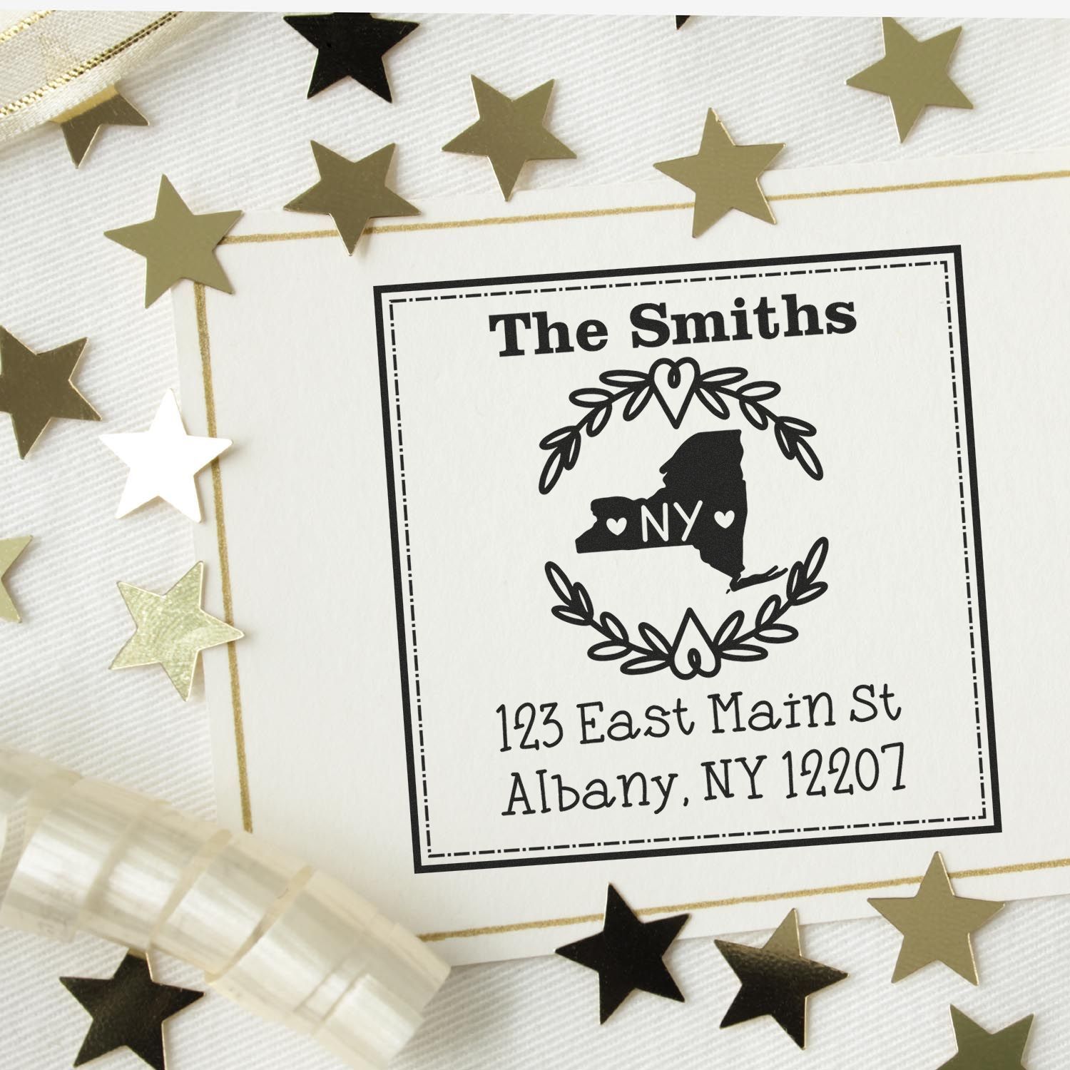 Slim New York State Wreath Personalized Mail Stamper