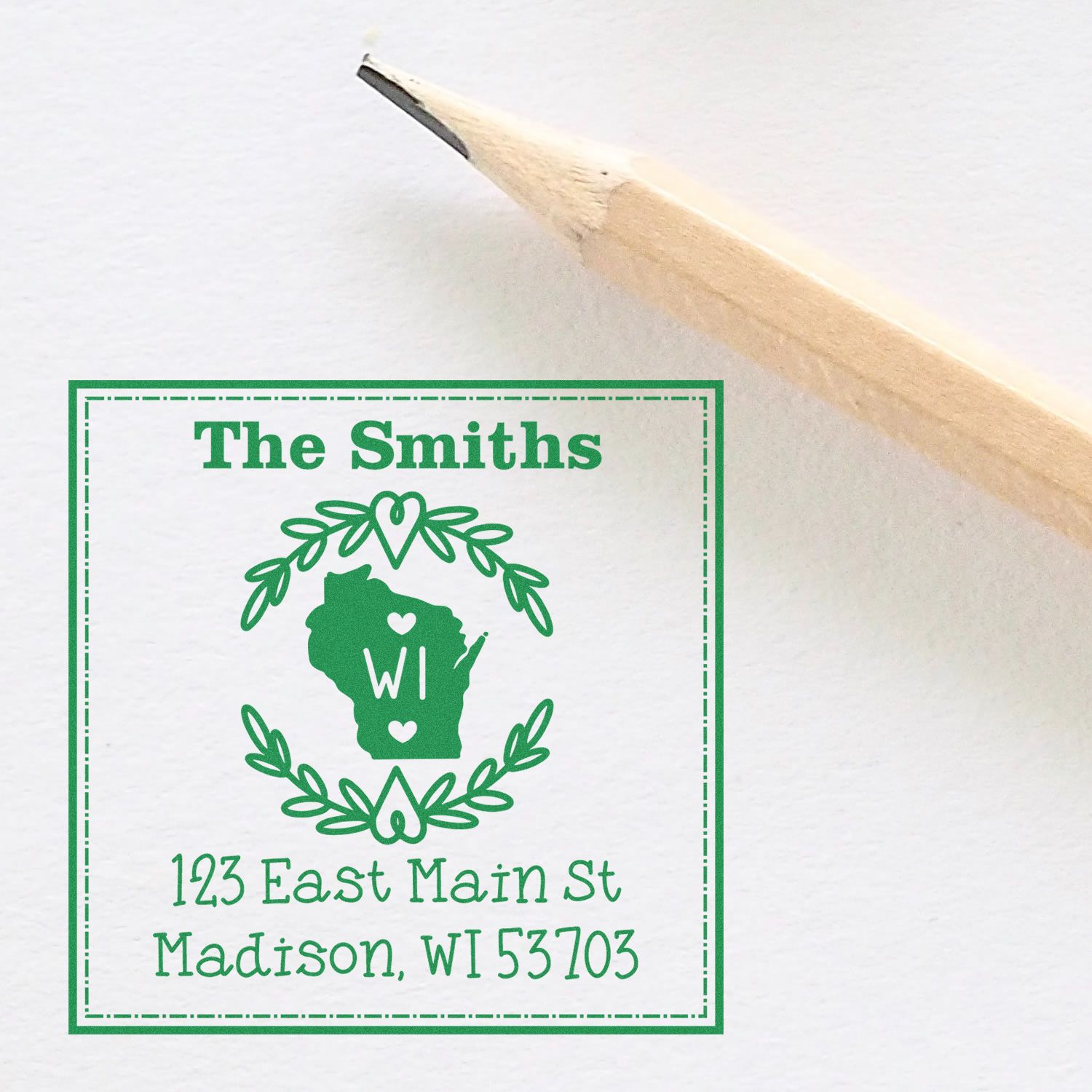 Wood Handle Wisconsin State Wreath Personalized Name and Address Stamp