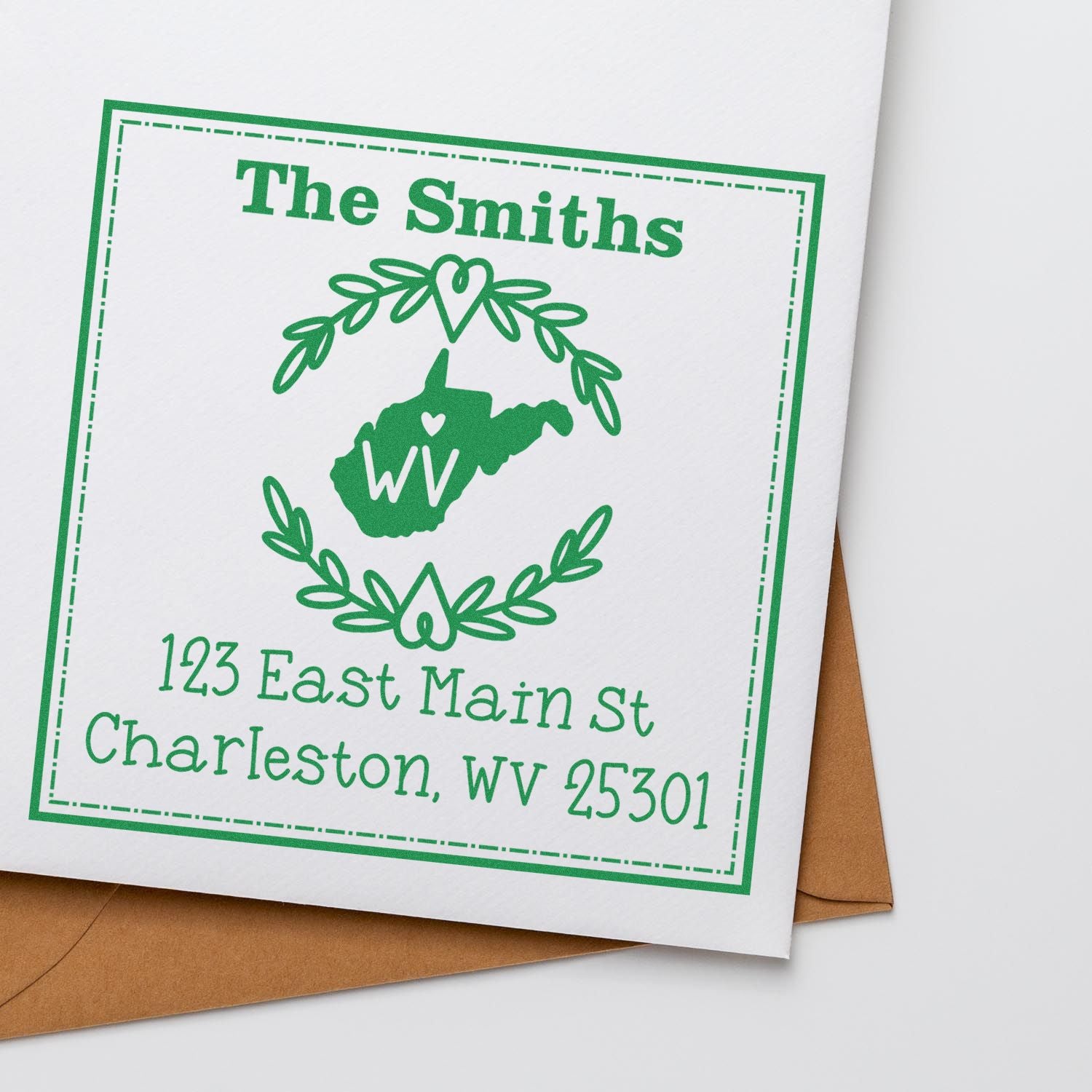 Wood Handle West Virginia State Wreath Personalized Return Address Rubber Stamp