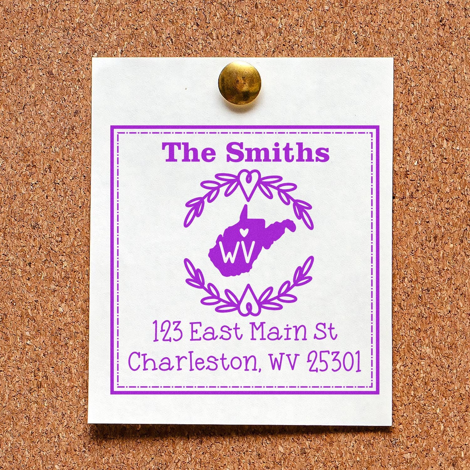 Wood Handle West Virginia State Wreath Personalized Return Address Rubber Stamp