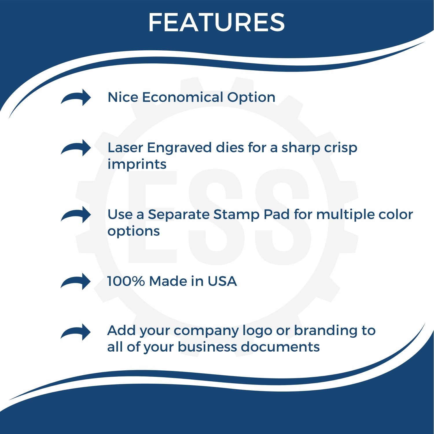 Image showing features of the Custom Rubber Stamp Size 1-1/2 x 10: economical, laser engraved, separate stamp pad, 100% made in USA, customizable.