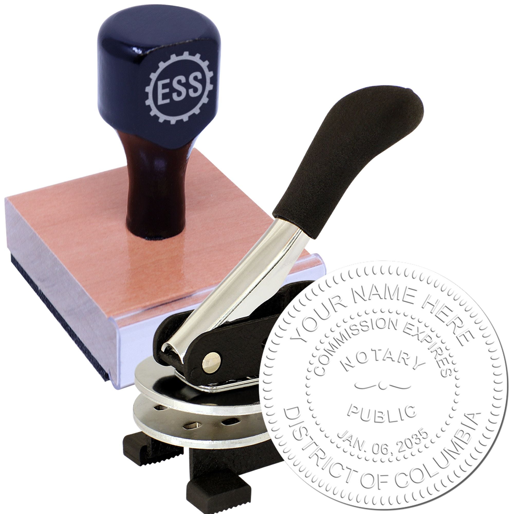 District of Columbia Notary Stamp and Seal Bundle with Notary Desk Seal and Round Wood Notary Stamp