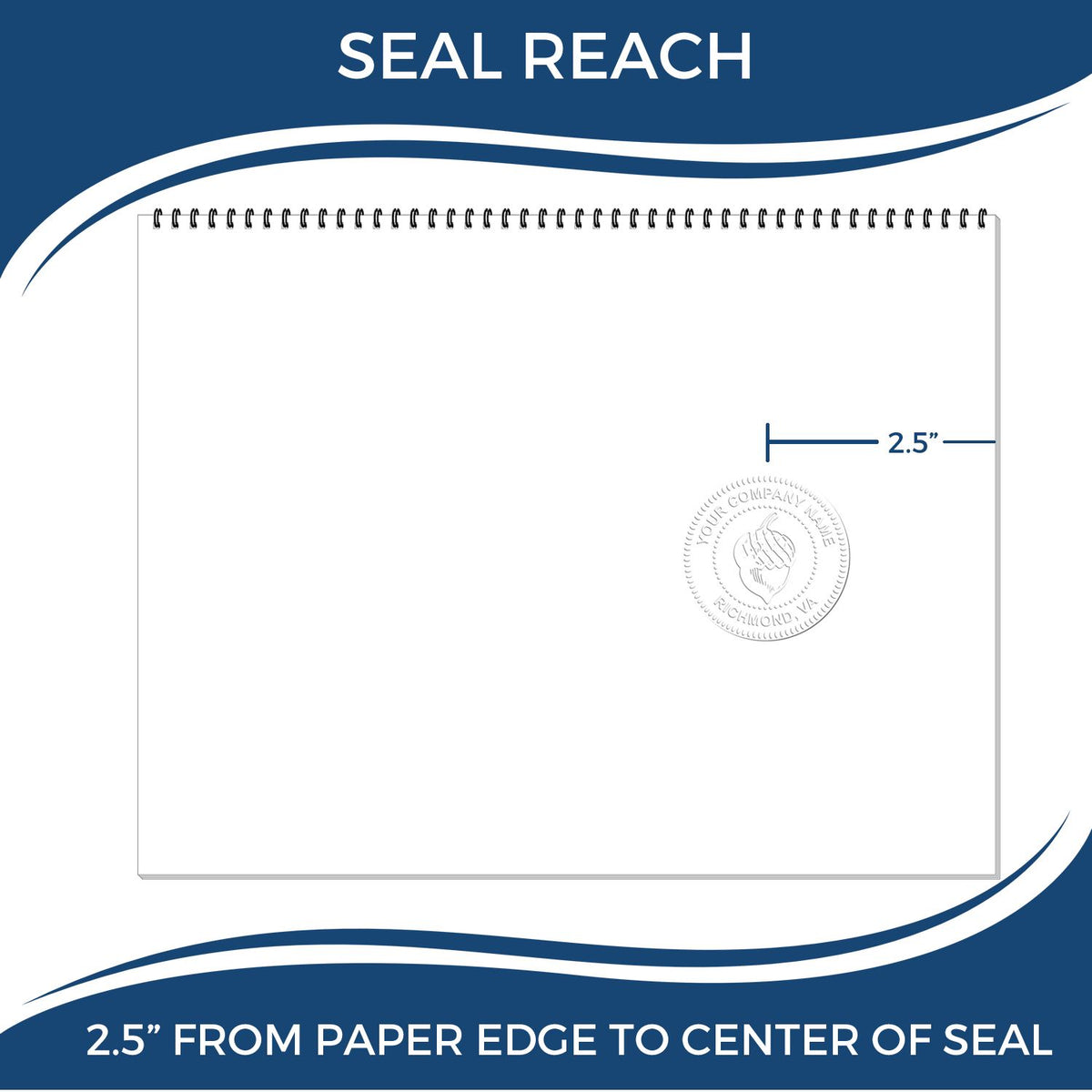 Blue and white Seal Reach stamp template with spiral-bound sheet, circular embossed seal, and 2.5-inch paper-edge-to-seal-center guide.