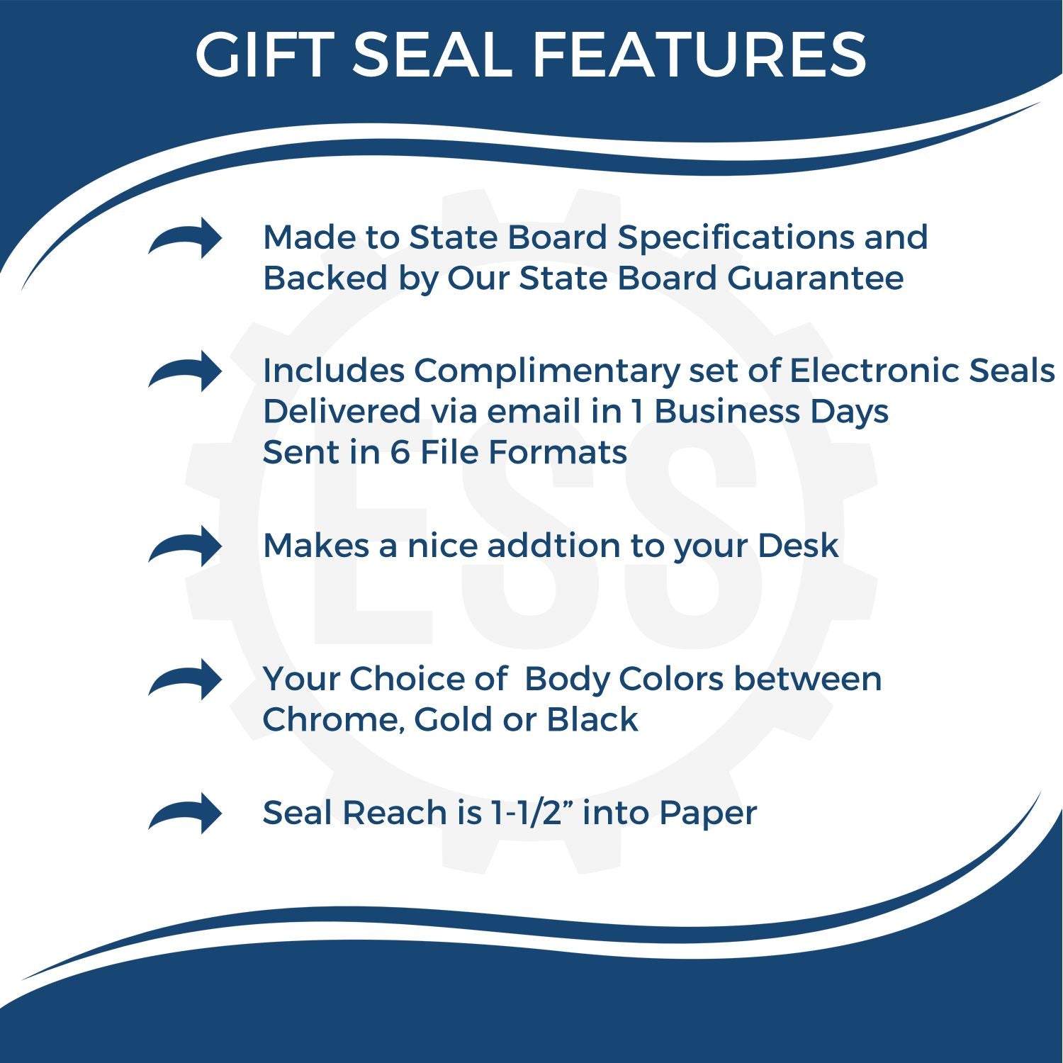 Image showing features of the Architect Chrome Gift Seal Embosser, including state board specifications, complimentary electronic seals, desk addition, choice of body colors (chrome, gold, black), and 1-1/2 seal reach.