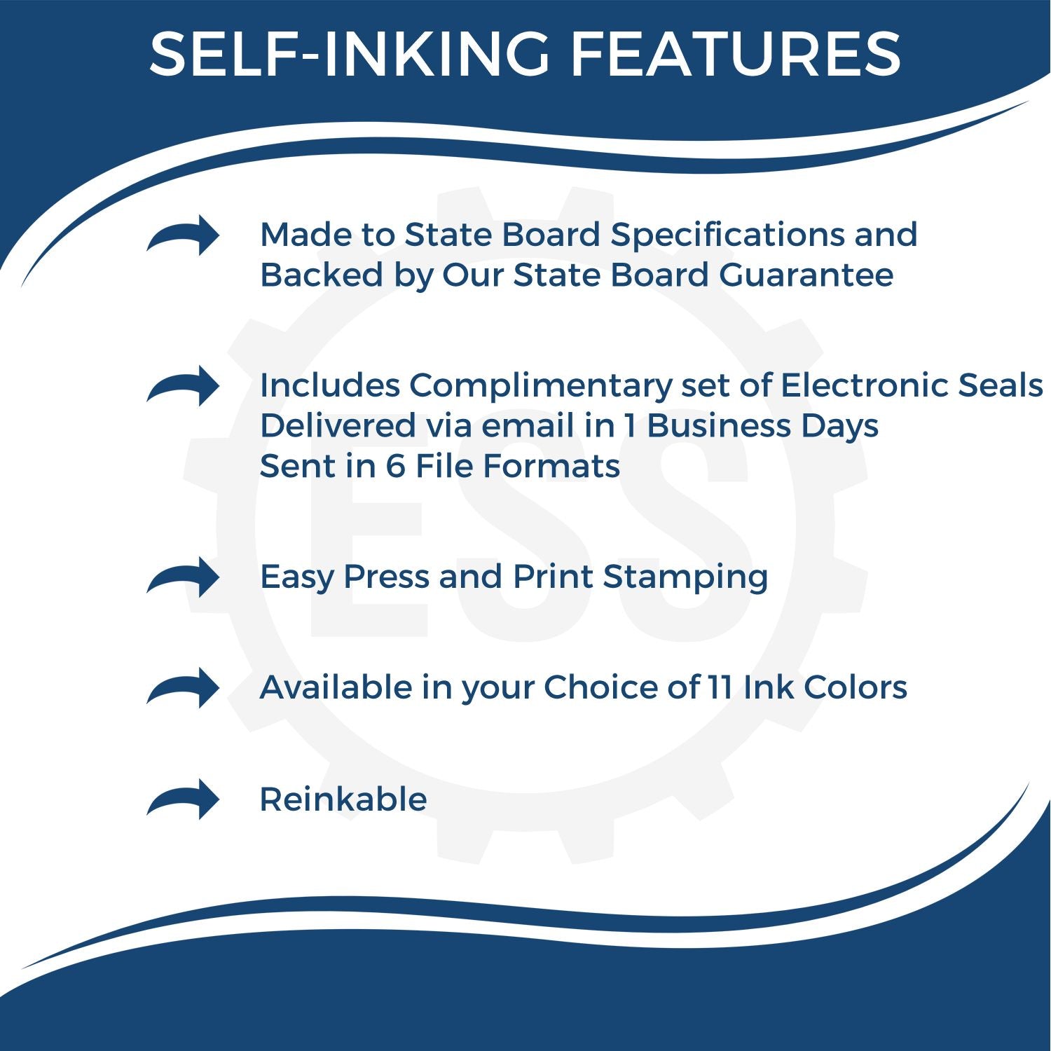 Image showing features of the Geologist Self Inking Rubber Stamp of Seal: state board specs, electronic seals, easy stamping, 11 ink colors, reinkable.