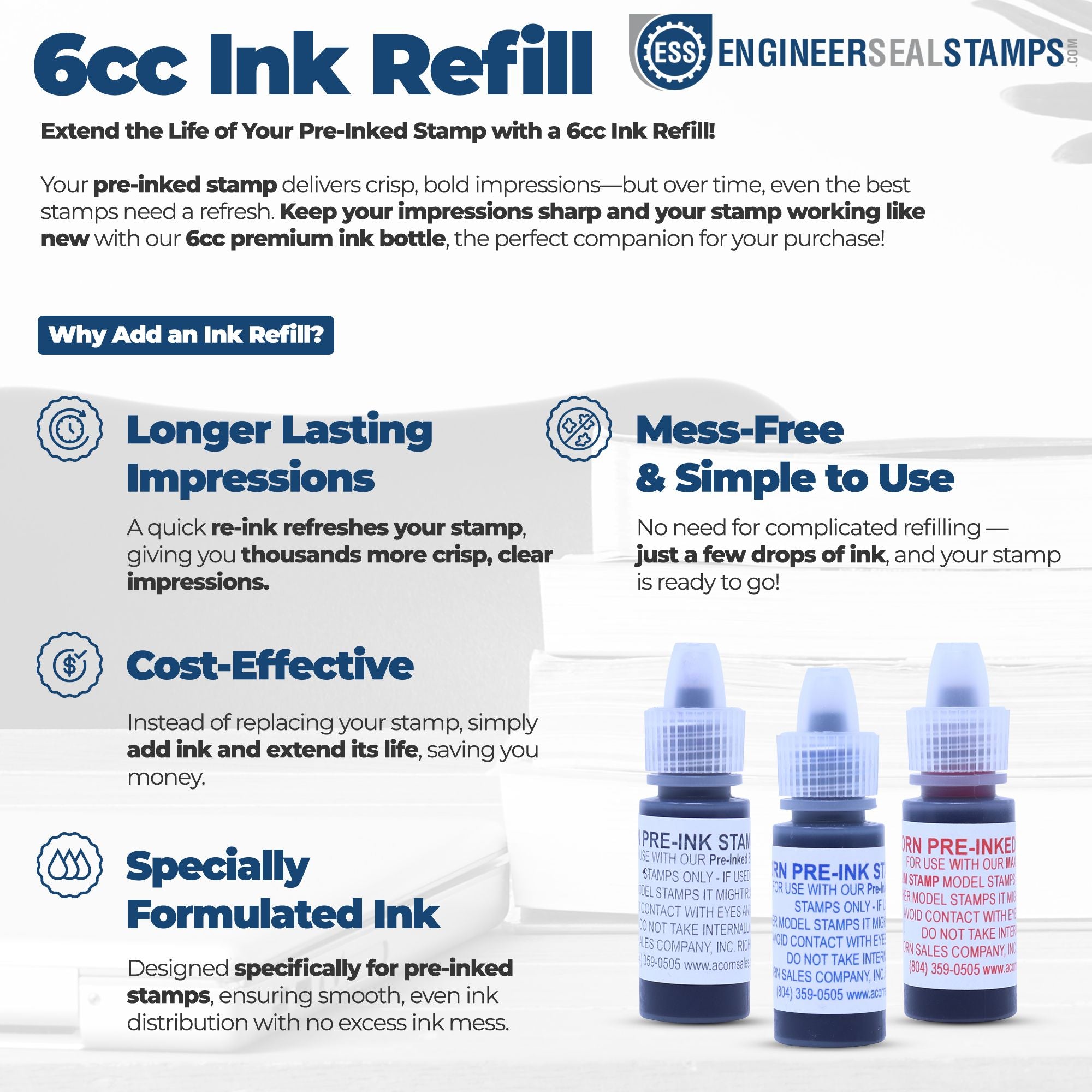 Blue and white 6cc ink refill for pre-inked stamps and seals, with three refill bottles from EngineerSealStamps.