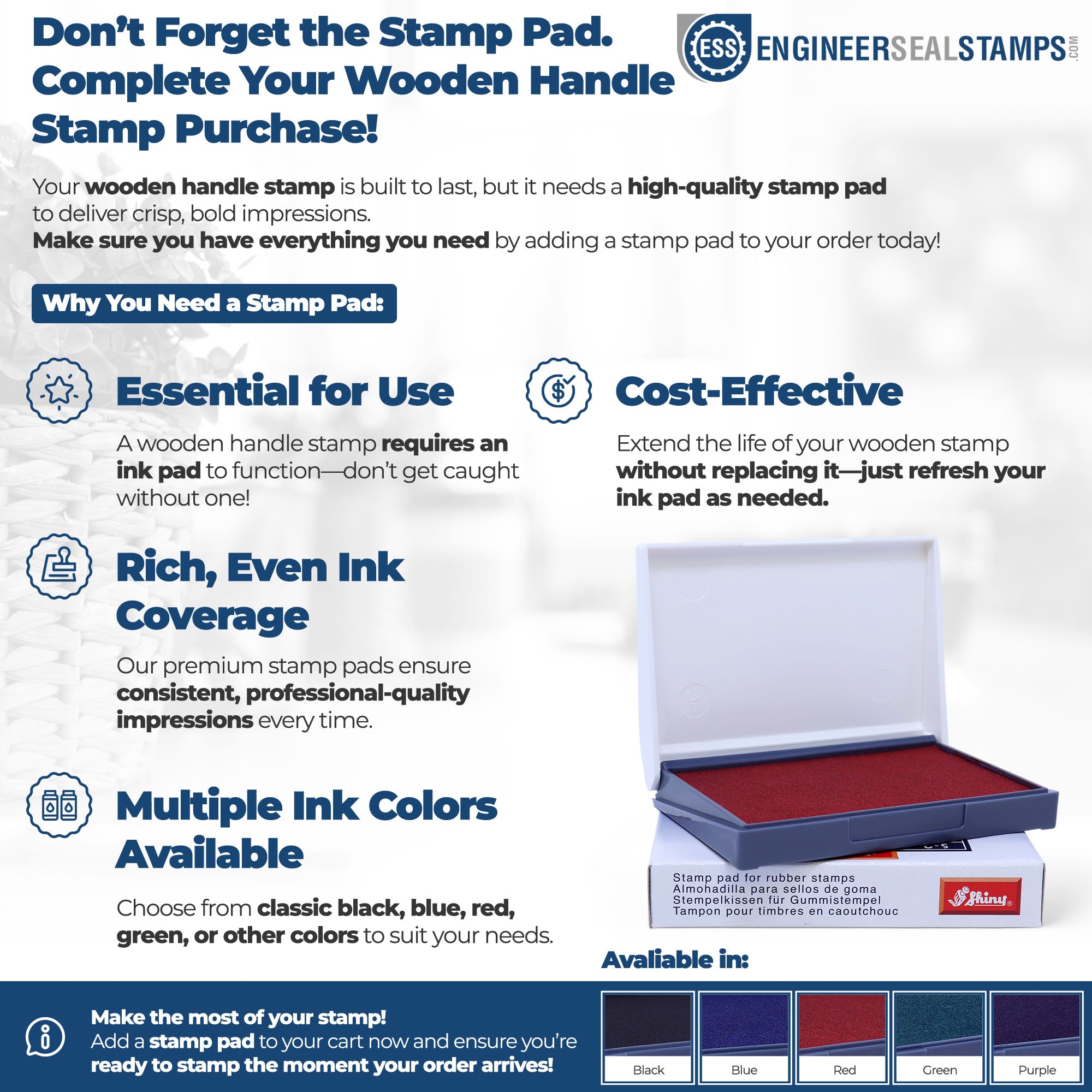 Blue-and-white stamp and seal promo with open red ink stamp pad and color options: black, blue, red, green, purple.