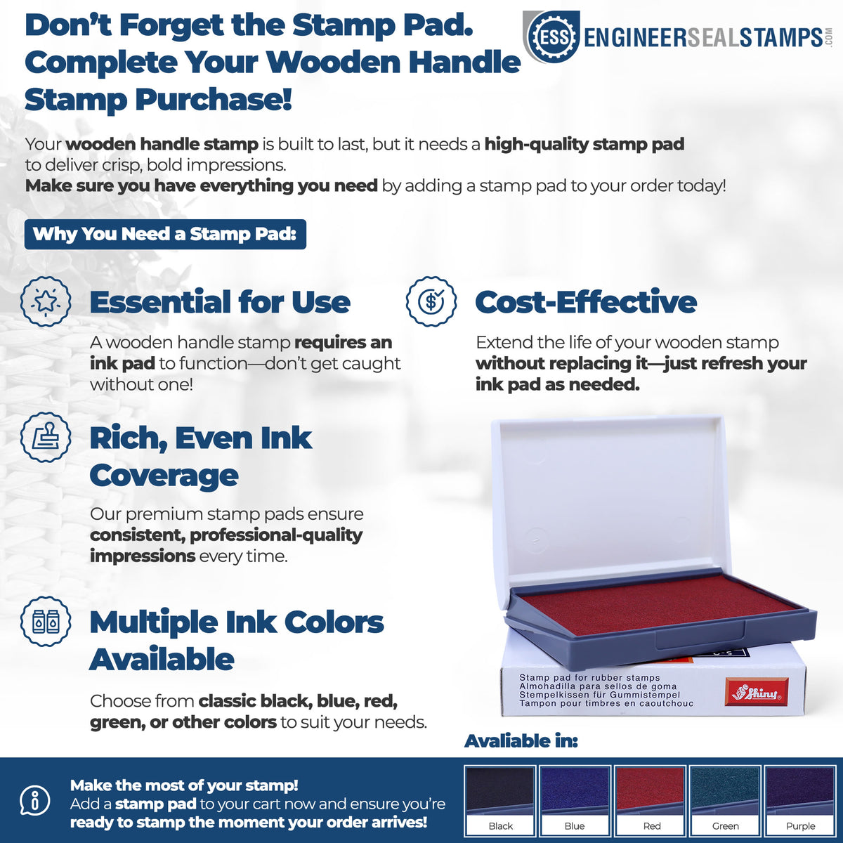 Blue promotional graphic for stamp pads and seal products, featuring a red ink pad in a white case and color options: black, blue, red, green, purple.