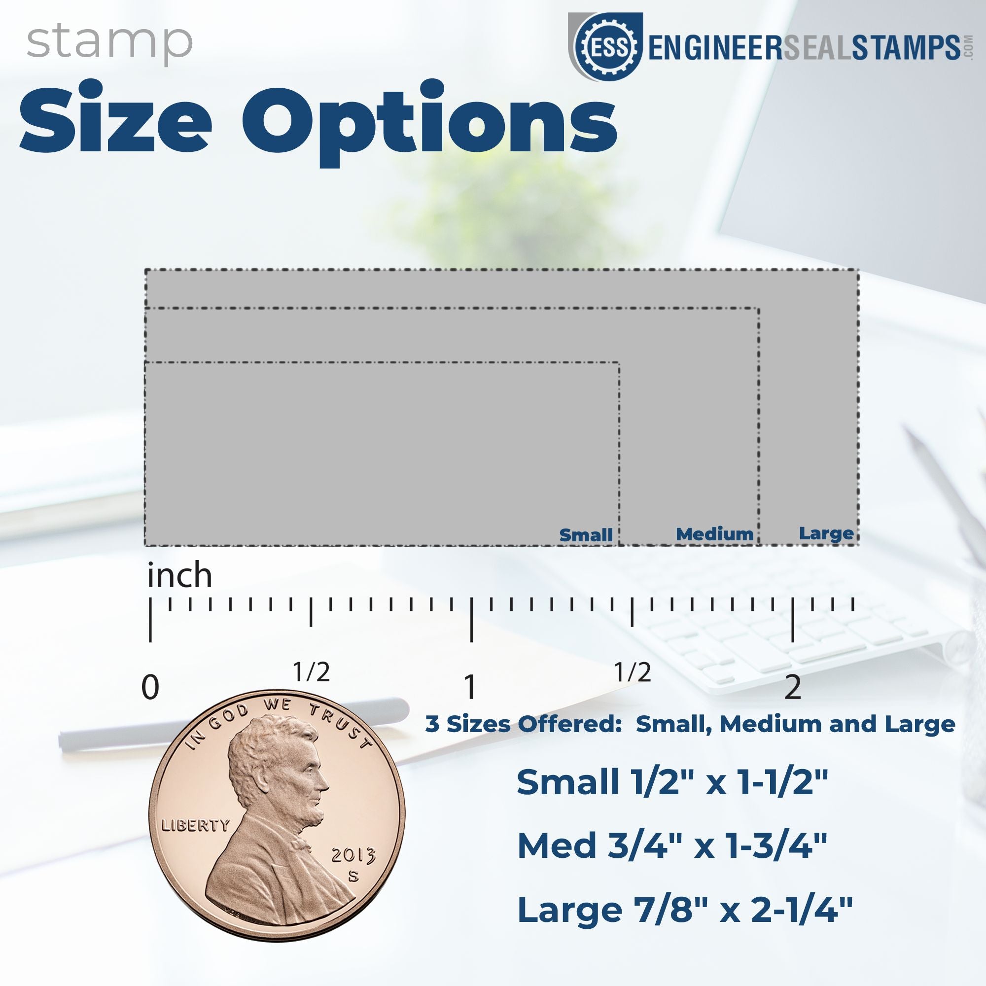 Engineer Seal Stamps size options chart in blue and gray, showing small, medium and large stamp and seal sizes with ruler and coin.