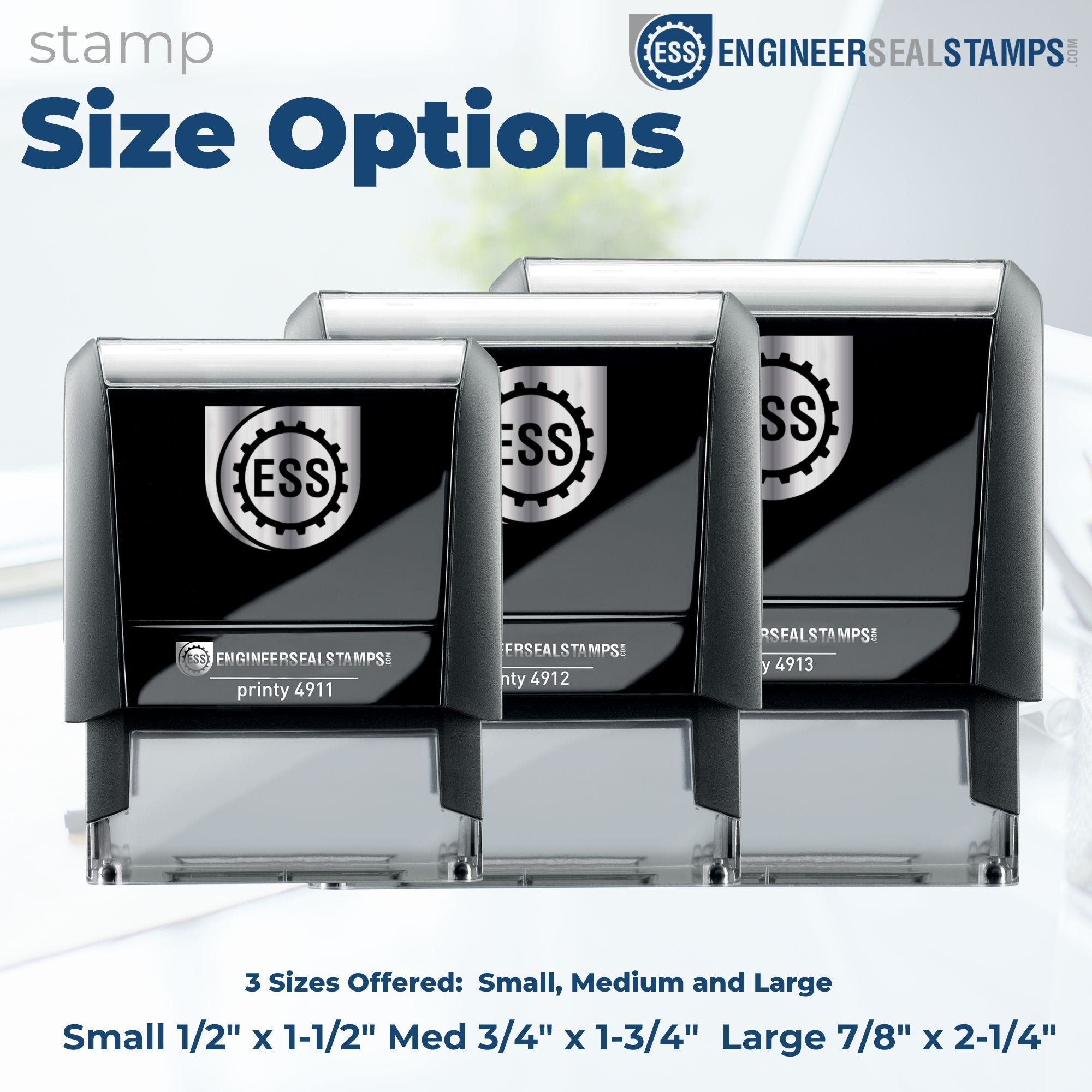 Black self-inking engineer seal stamps in three sizes with silver tops, blue branding, and ESS logo.
