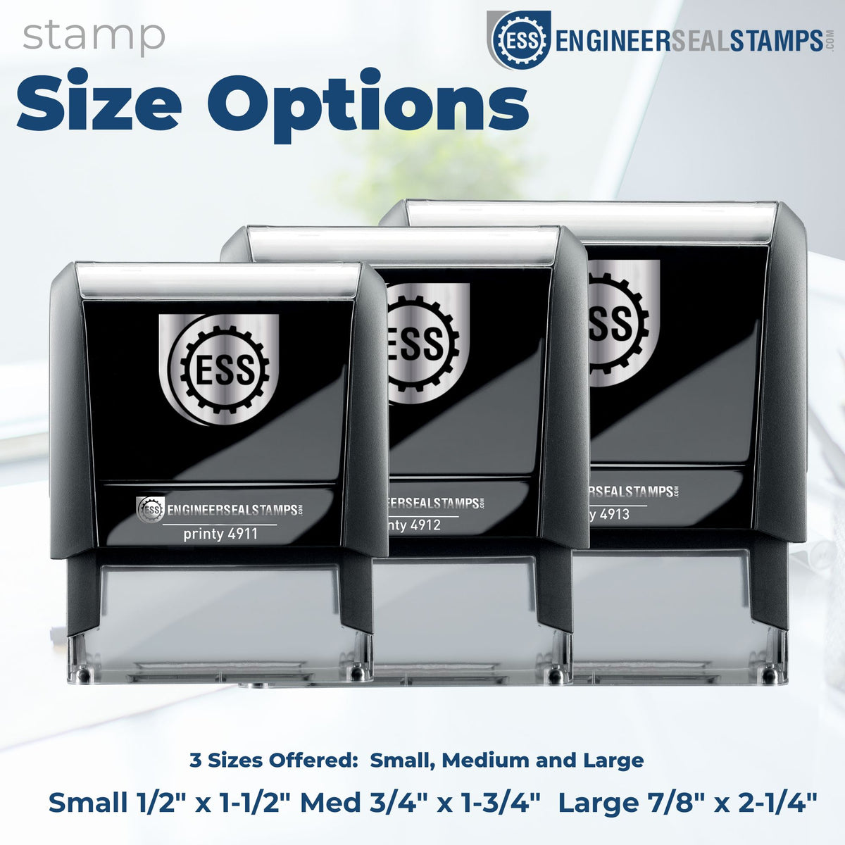 Black ESS engineer seal stamps in three sizes, with silver tops, black bodies, and blue branding on a white background.