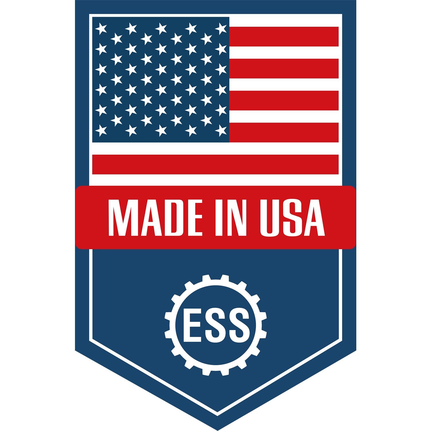 Made in USA badge with American flag and ESS logo, highlighting the State Love of Michigan Custom Address Stamp Self-Inking product's origin and quality.