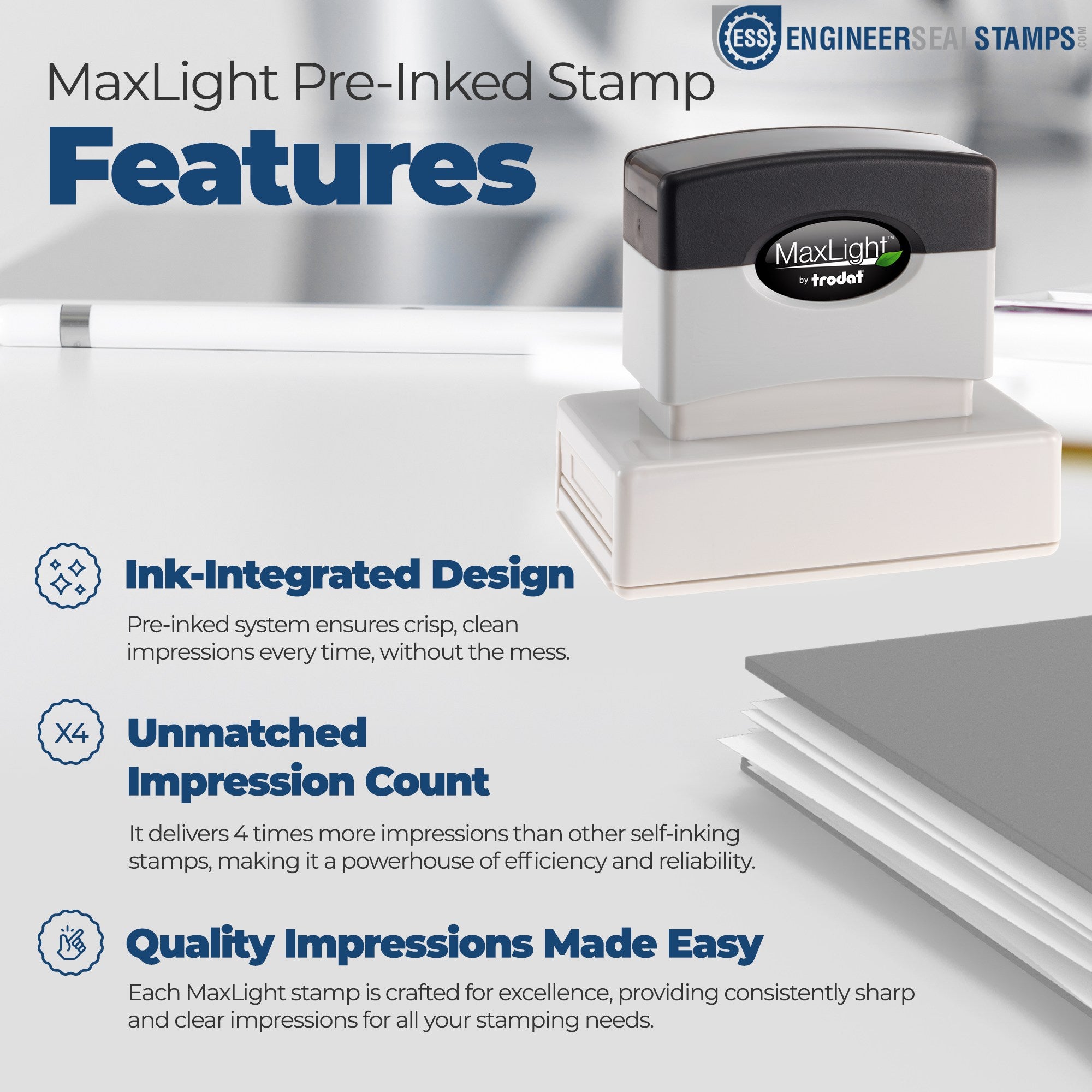 Maxlight Premium Inspect Contents Stamp with ink-integrated design, shown on a desk. Features include unmatched impression count and quality impressions for stamping needs.