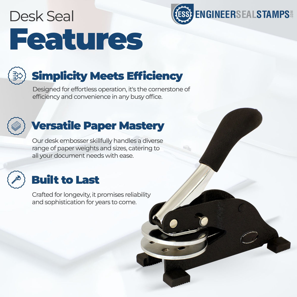 Black and silver desk seal embossing press with long handle and sturdy stamp base on a white background.