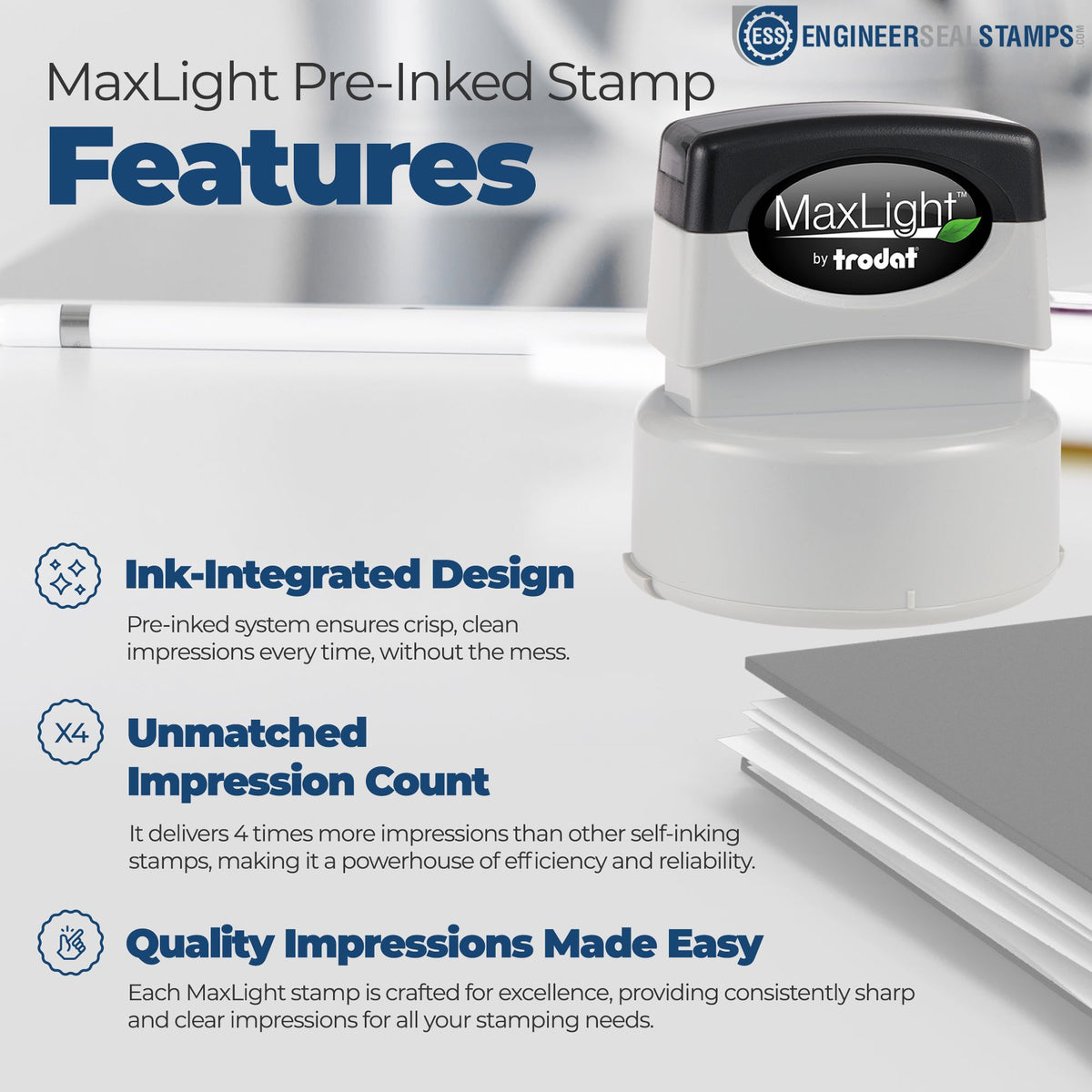MaxLight pre-inked stamp features a black-and-white self-inking seal, blue feature text, and crisp ink-integrated design claims.
