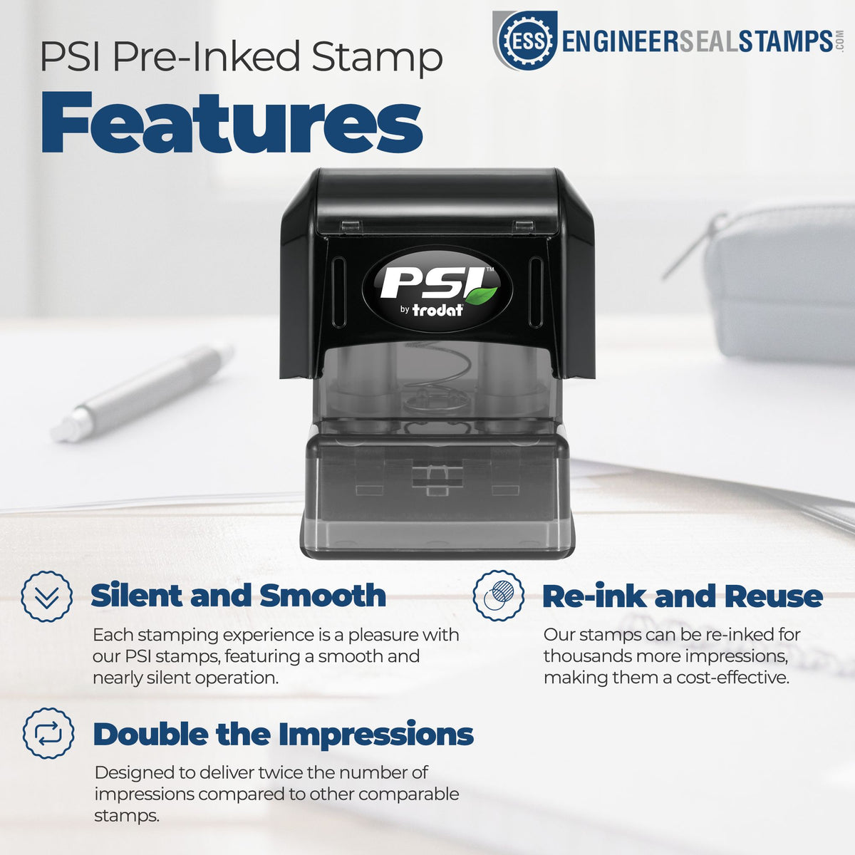 Black PSI pre-inked stamp and seal product with blue feature headings on white background; silent, re-inkable, double impressions.