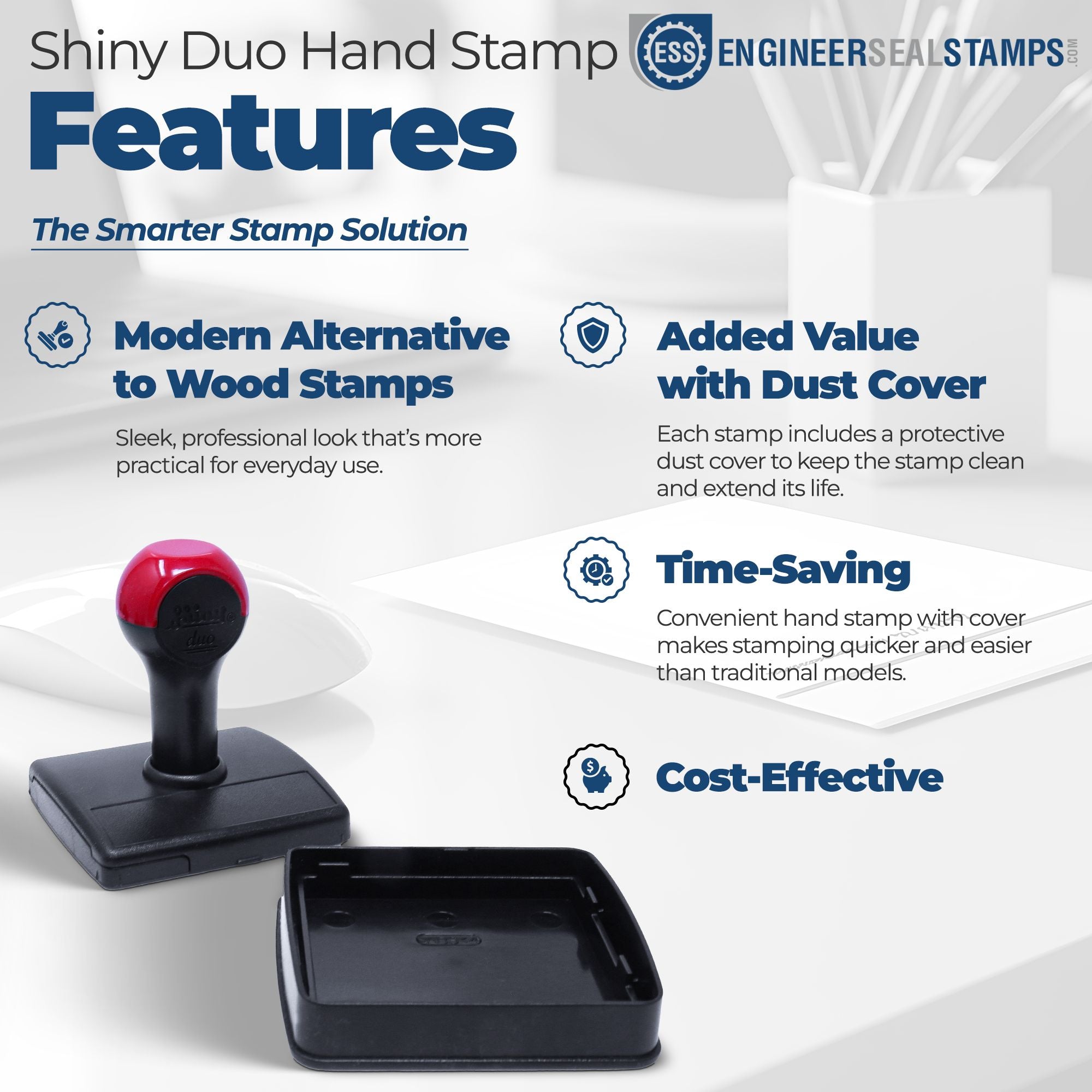 Red-and-black Shiny Duo self-inking hand stamp with protective dust cover and black seal tray on a white-blue features graphic.