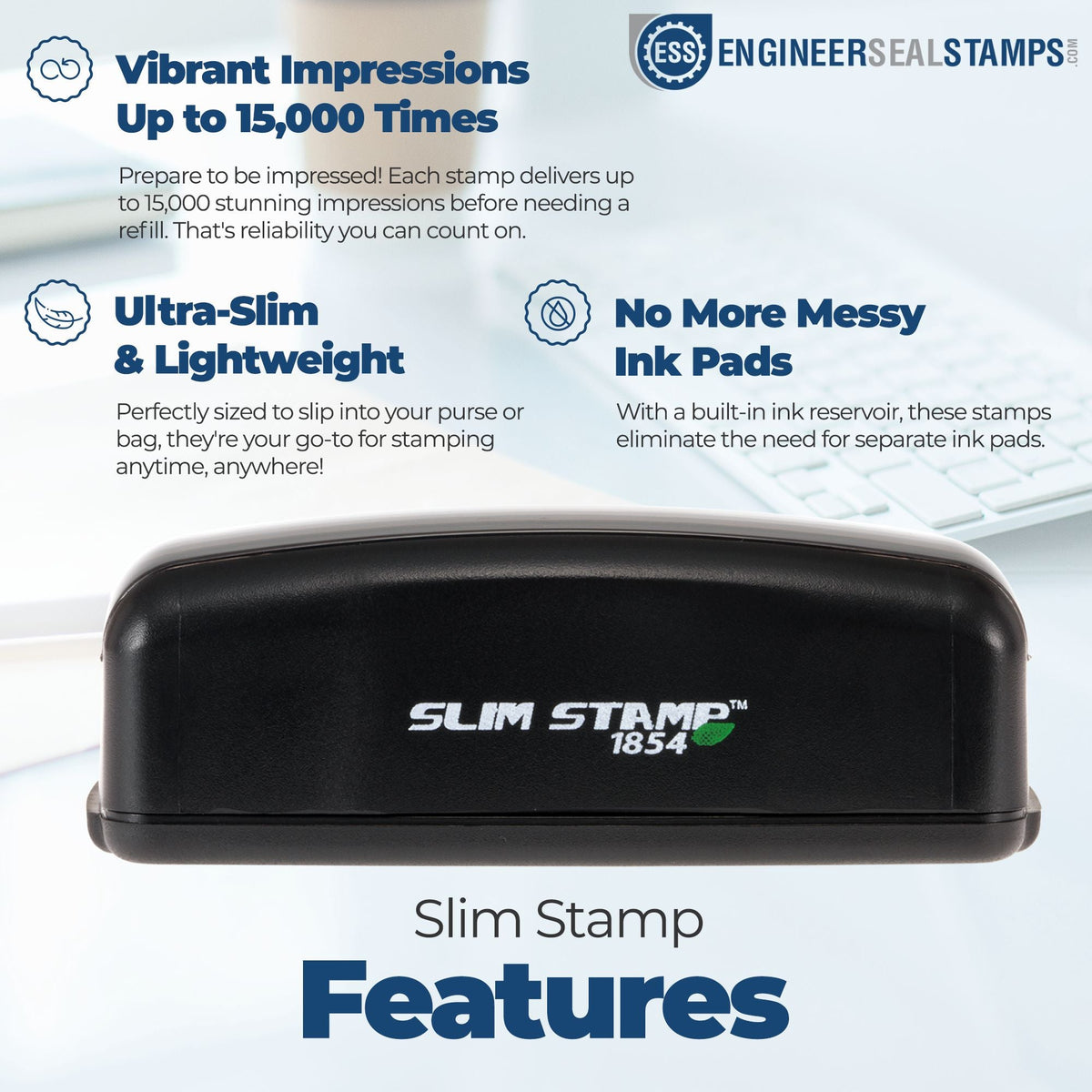Black Slim Stamp 1854 self-inking seal with blue feature text highlighting 15,000 impressions and built-in ink reservoir