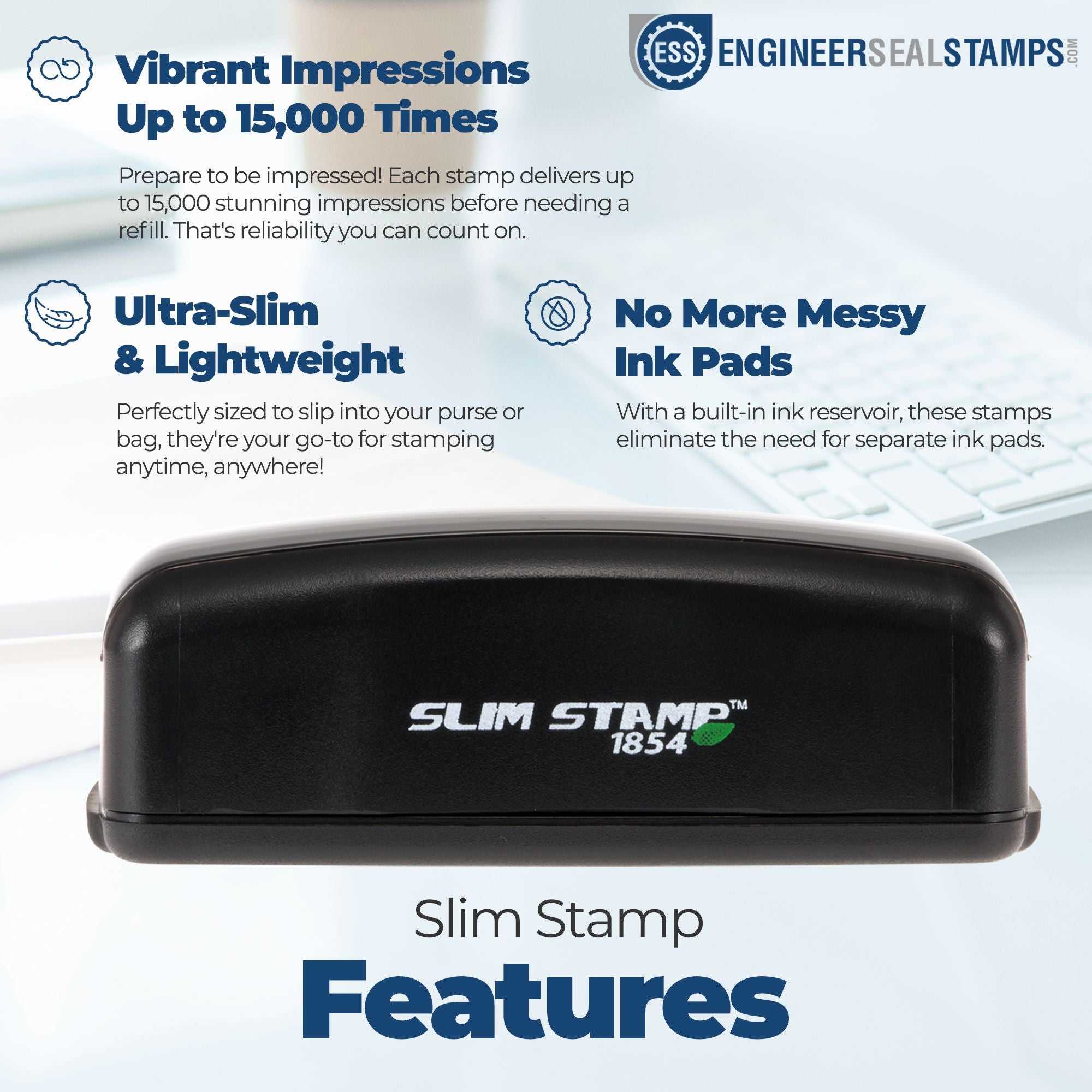 Black Slim Stamp and seal product on a light background with blue feature text, highlighting ultra-slim design and built-in ink pad.