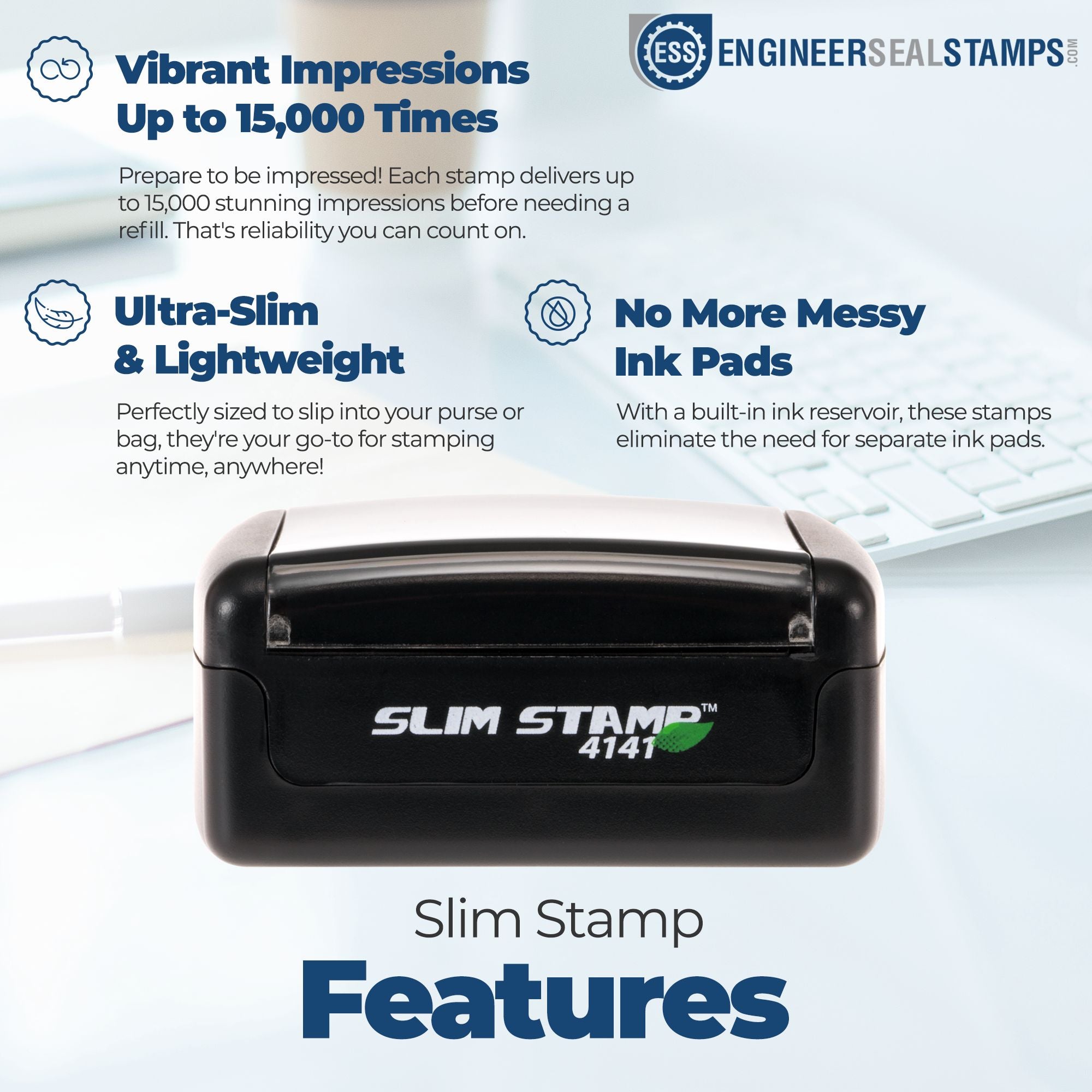 Black Slim Stamp and seal product with blue feature icons, promising 15,000 impressions, ultra-slim design, and no messy ink pads.