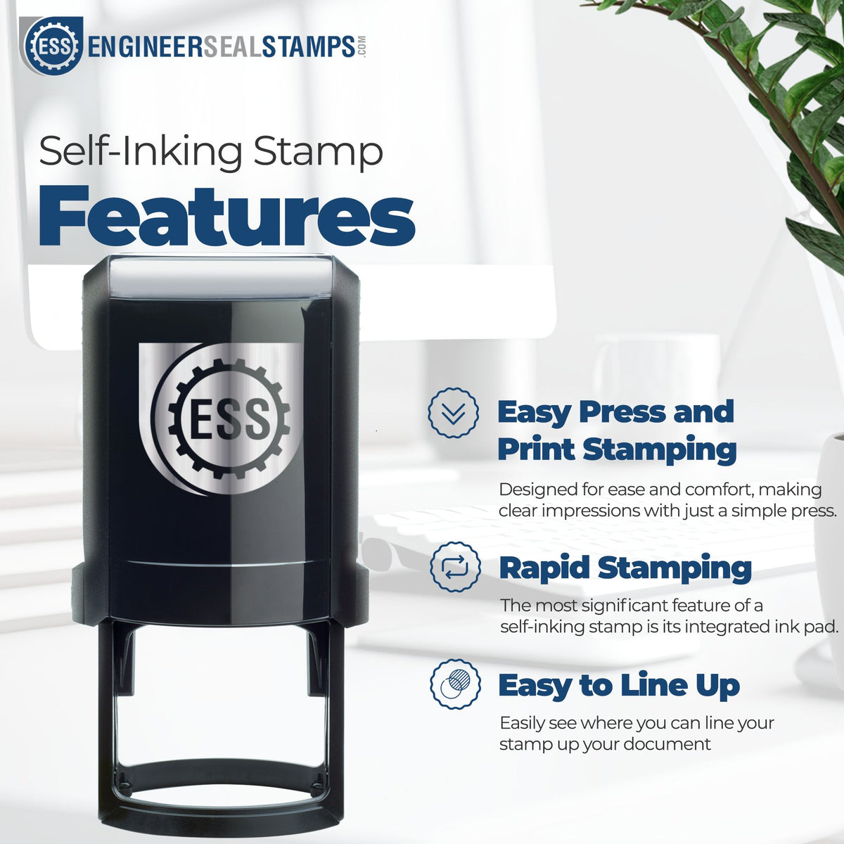 Black ESS self-inking stamp and seal with blue logo, easy press, rapid stamping, and alignment guide.