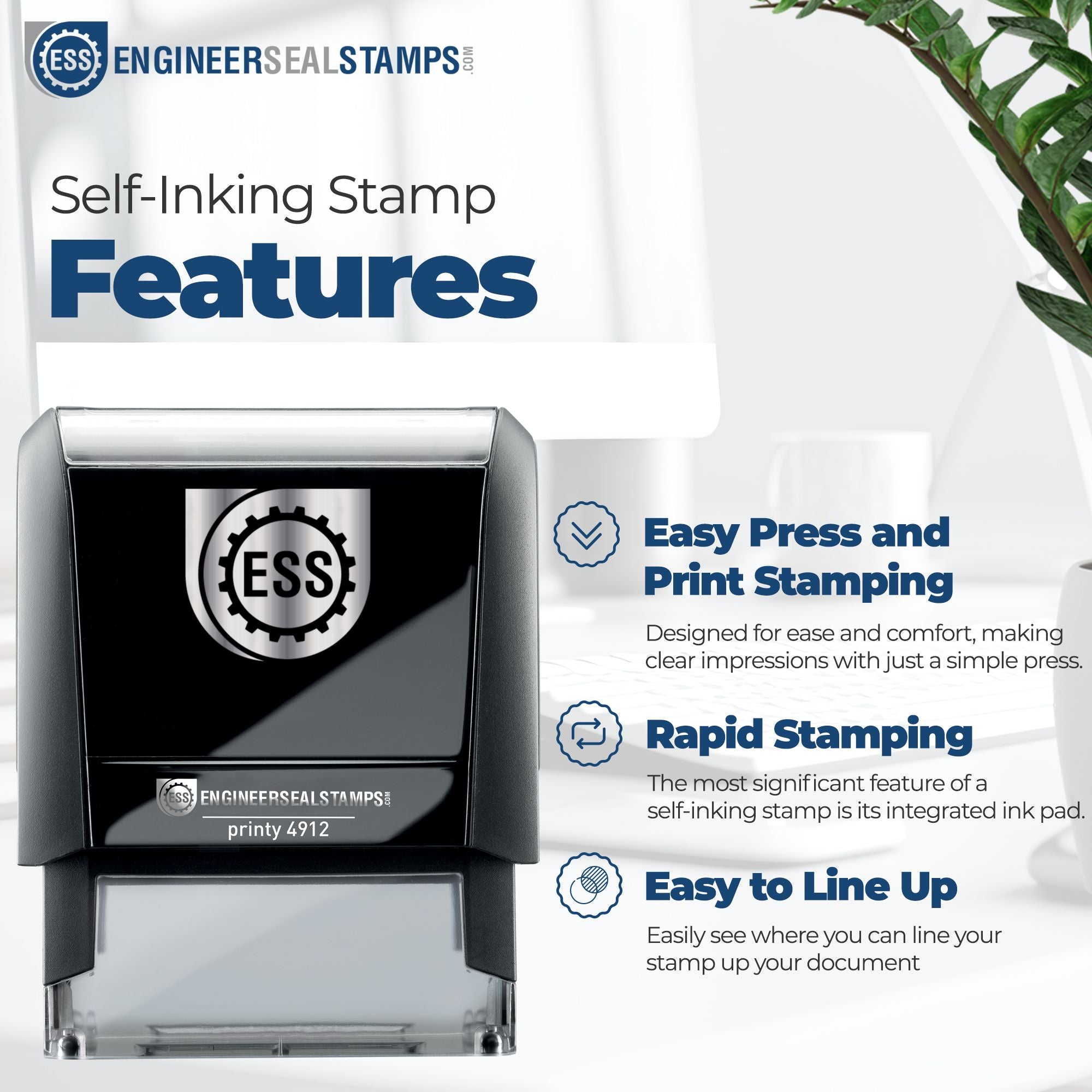 Black self-inking engineer seal stamp with ESS logo, blue feature text, white backdrop, and green leaves