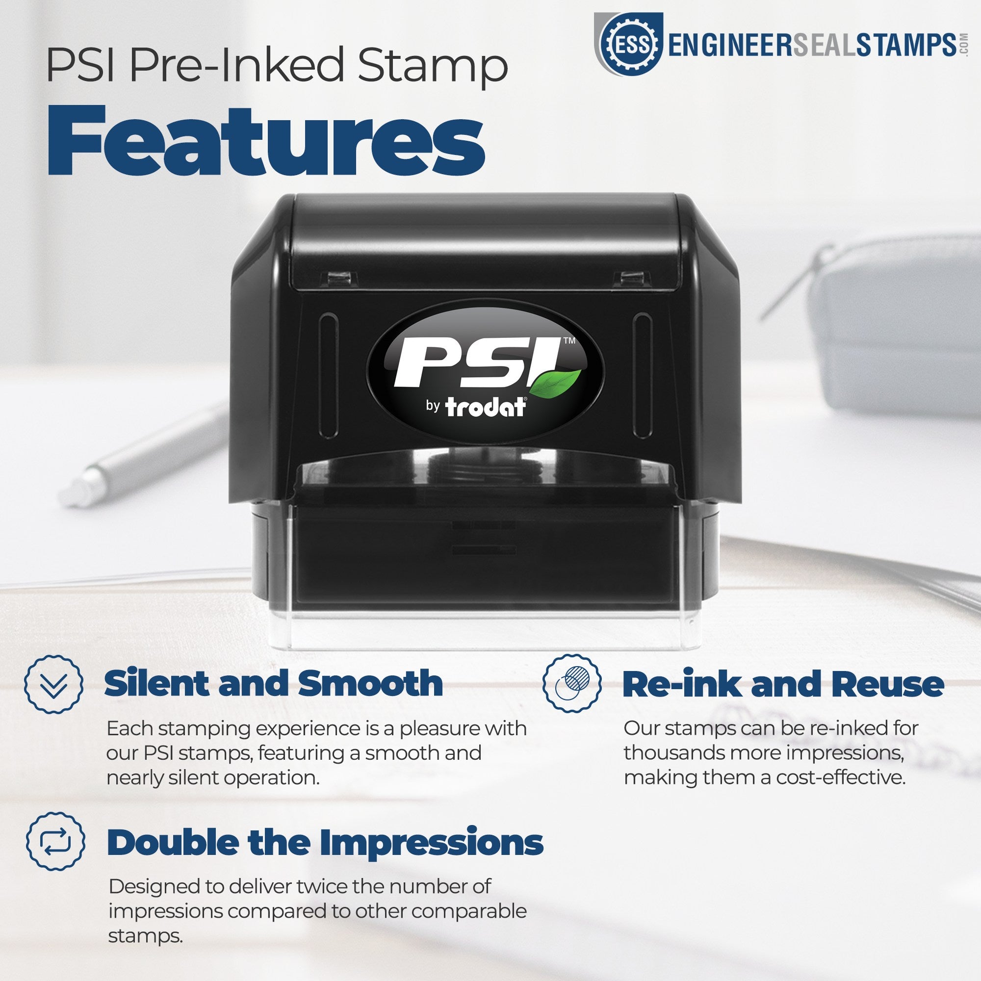 PSI Pre-Inked Personalized Pyrenees Address Stamp on a desk, highlighting features like silent operation, re-inking capability, and double impressions for cost-effectiveness.