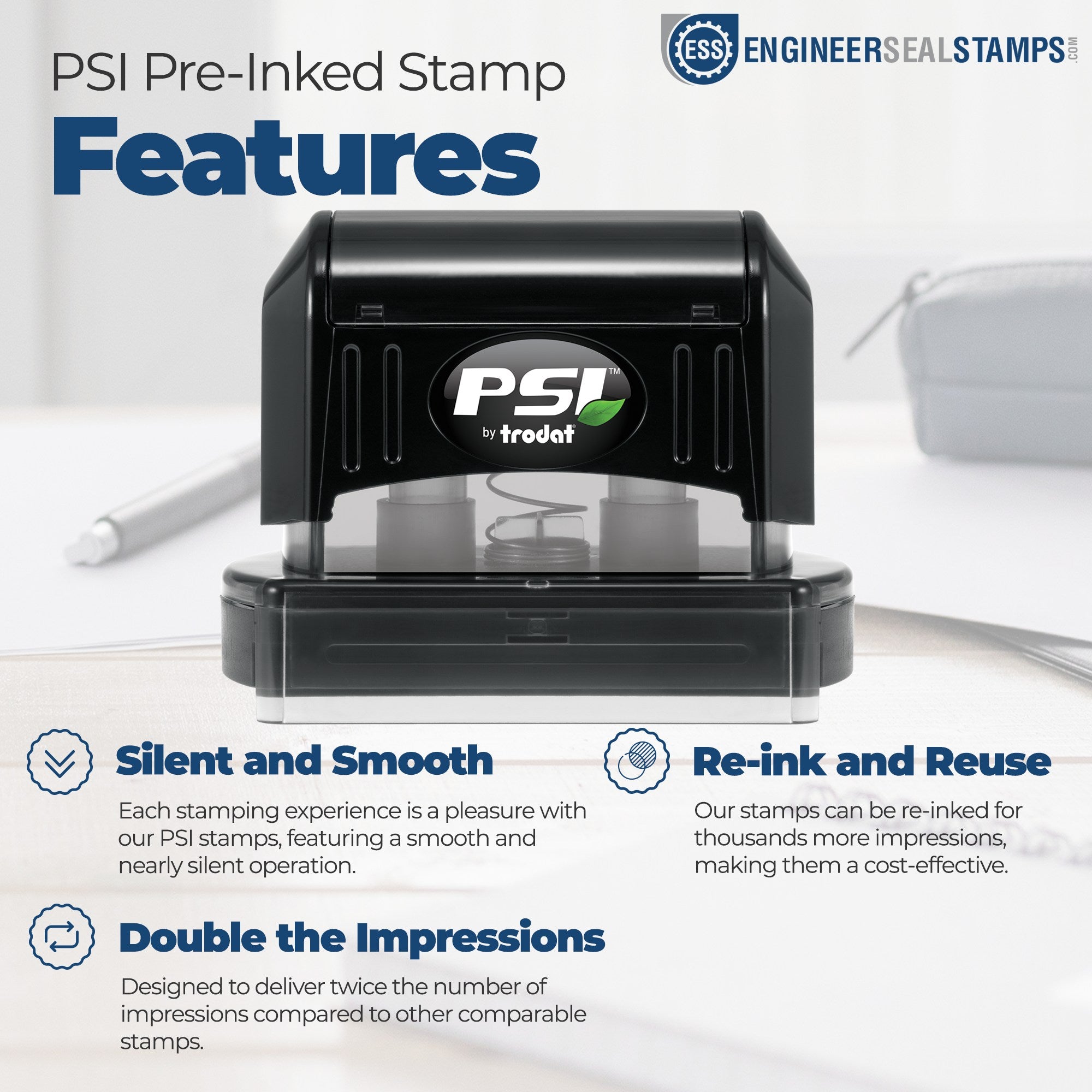 PSI Pre-Inked Handle With Care Stamp, featuring a sleek black design with 'PSI by trodat' logo, highlighting silent operation, re-inking capability, and double impressions.