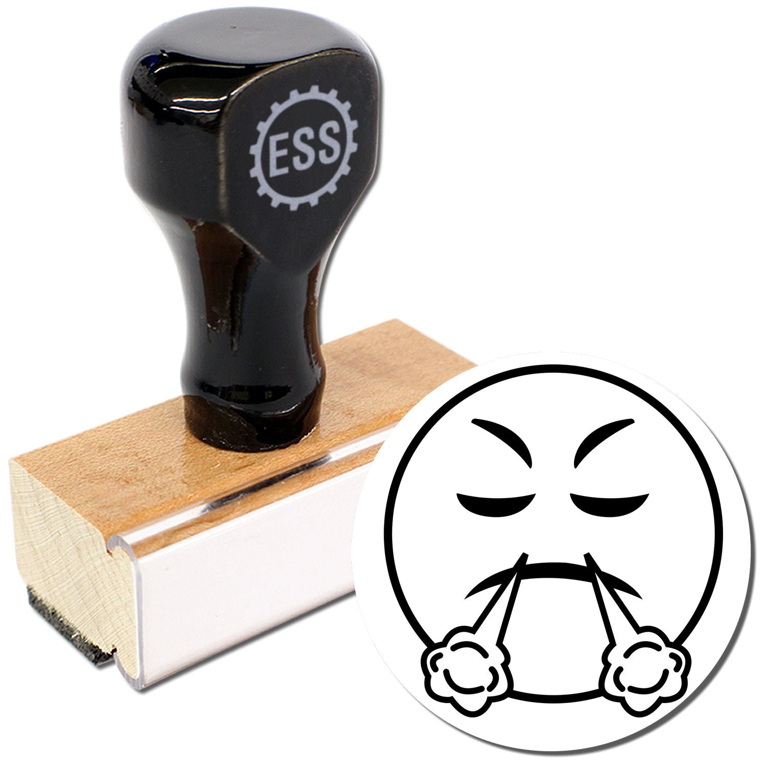 Round Angry Smiley Rubber Stamp with a black handle and wooden base, next to a stamped image of an angry face with steam.