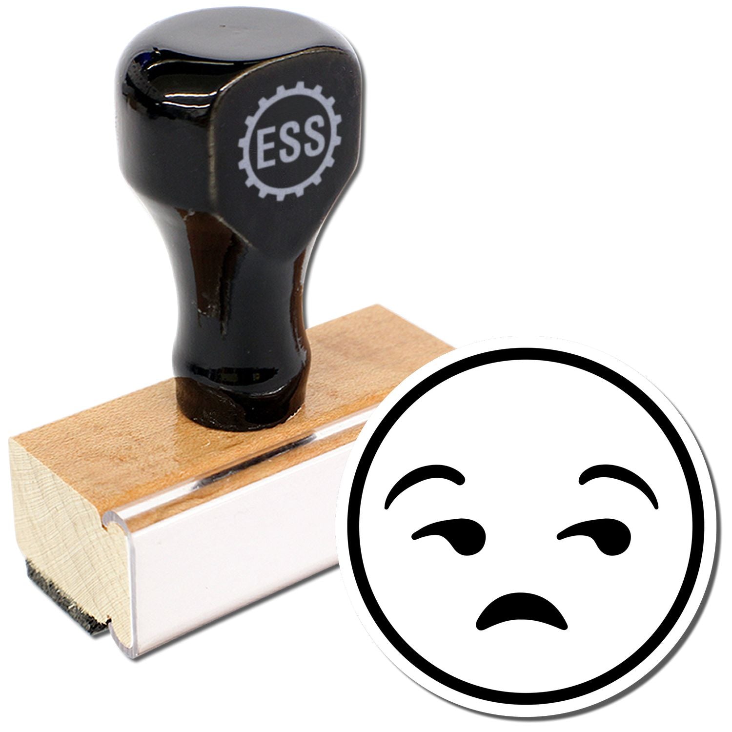 Round Calm Smiley Rubber Stamp with a black handle and wooden base, next to a printed calm smiley face.