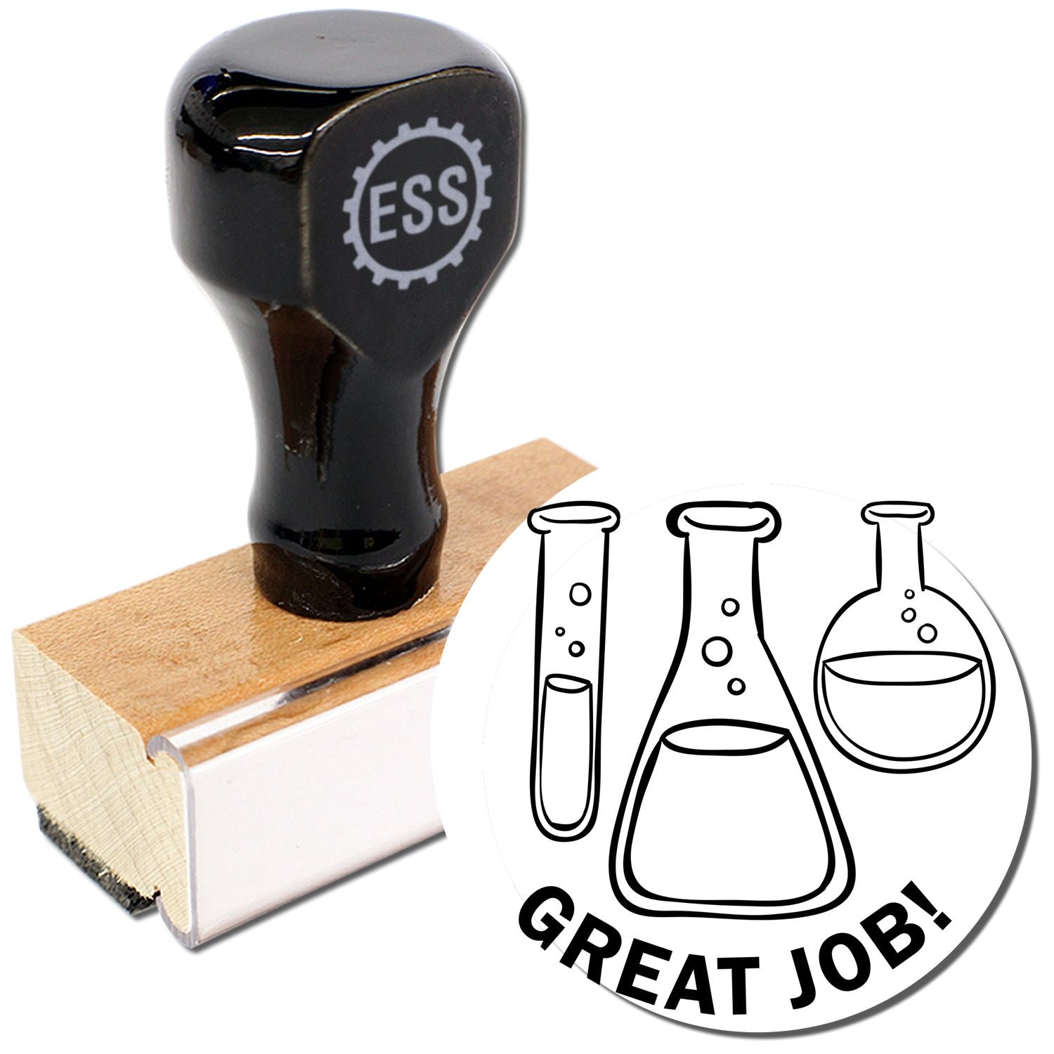 Round Chemistry Great Job Rubber Stamp with black handle and wooden base, featuring lab equipment icons and GREAT JOB! text.