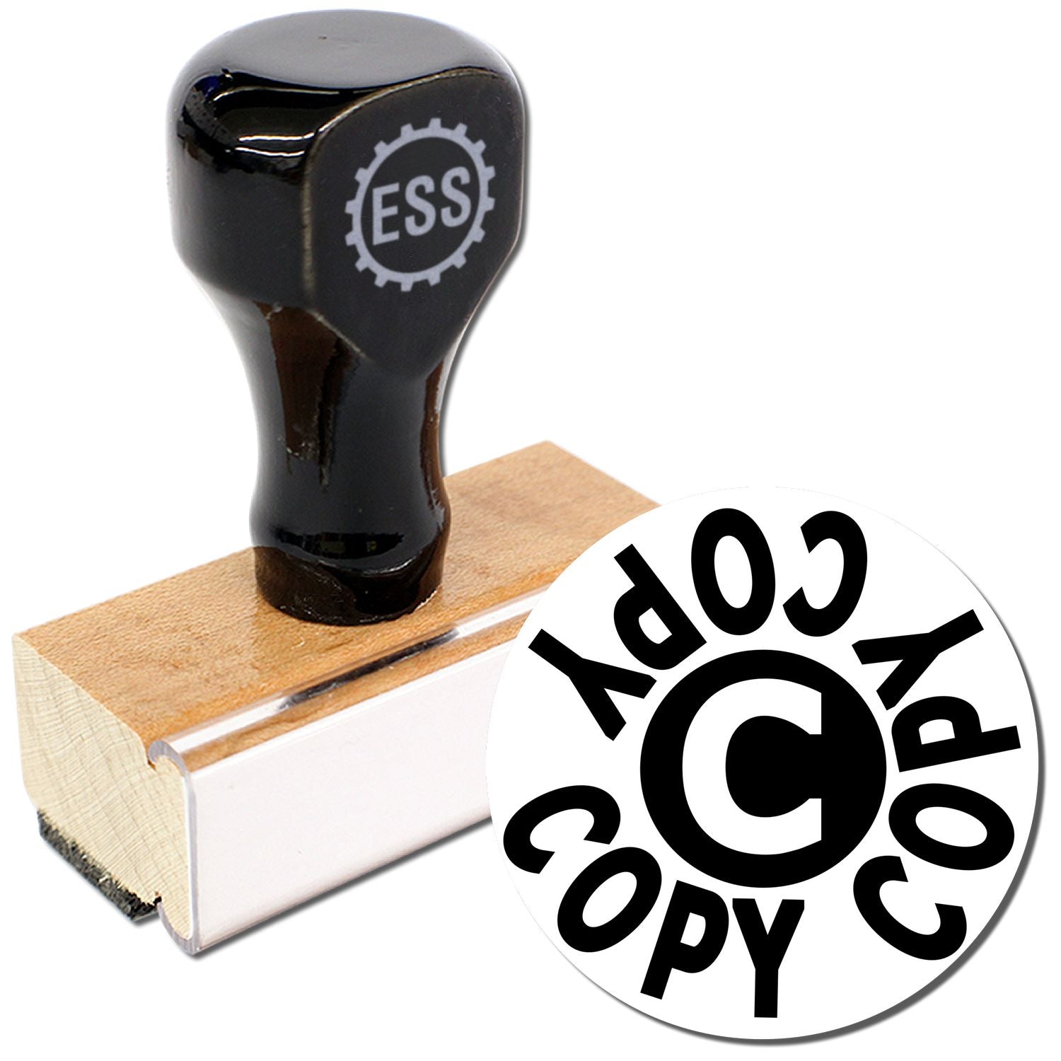 Round Copy Copy Copy Rubber Stamp with black handle and wooden base, featuring the text COPY COPY COPY in a circular design.