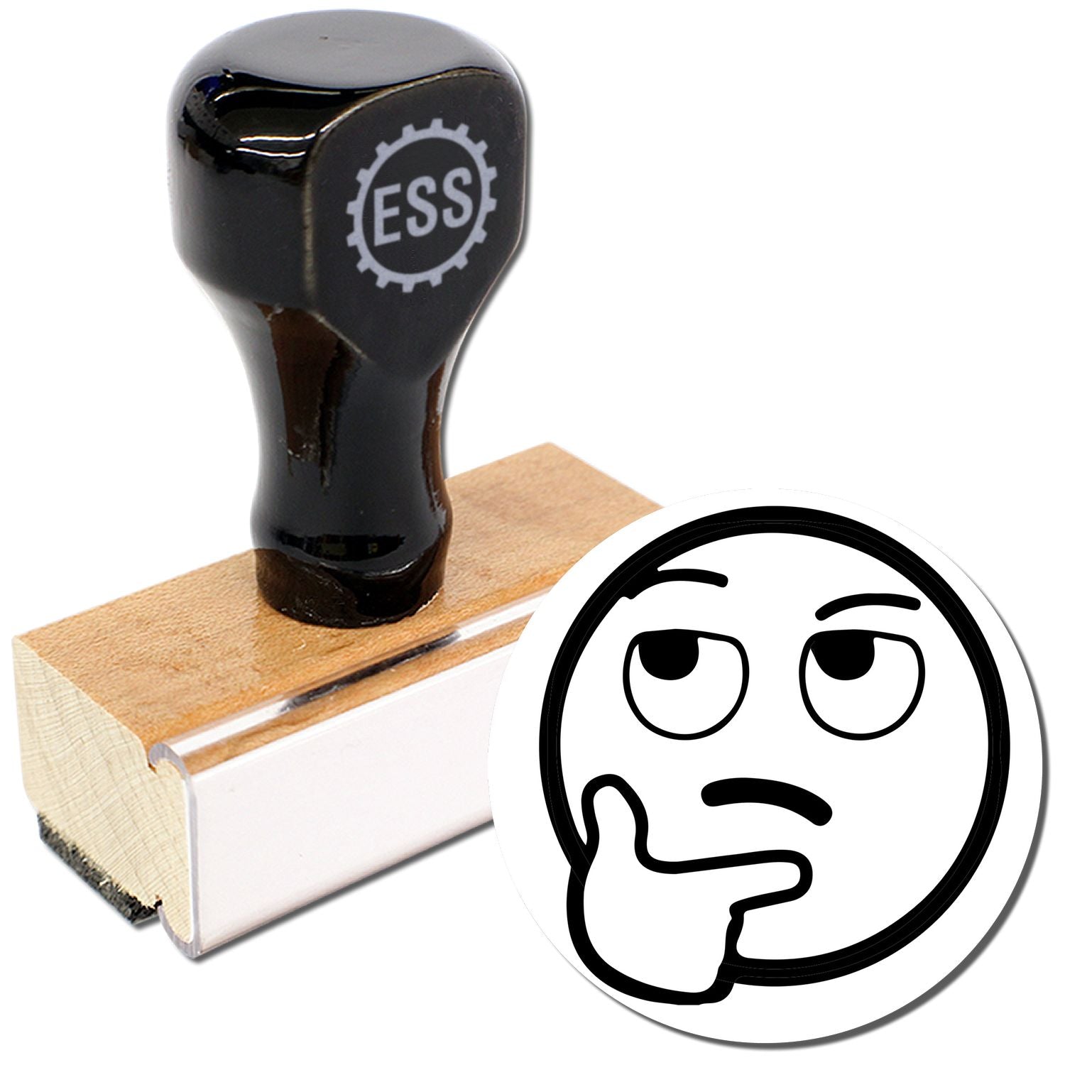 Round Curious Smiley Rubber Stamp with a wooden handle and black top, featuring a thinking face emoji design.