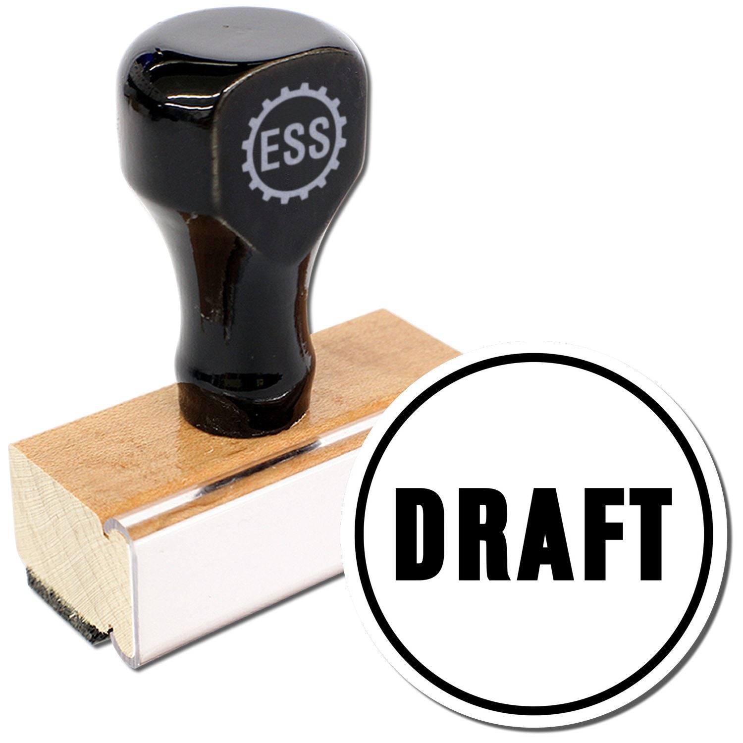 Round Draft Rubber Stamp with black handle and wooden base, featuring the word DRAFT in bold letters inside a circle.