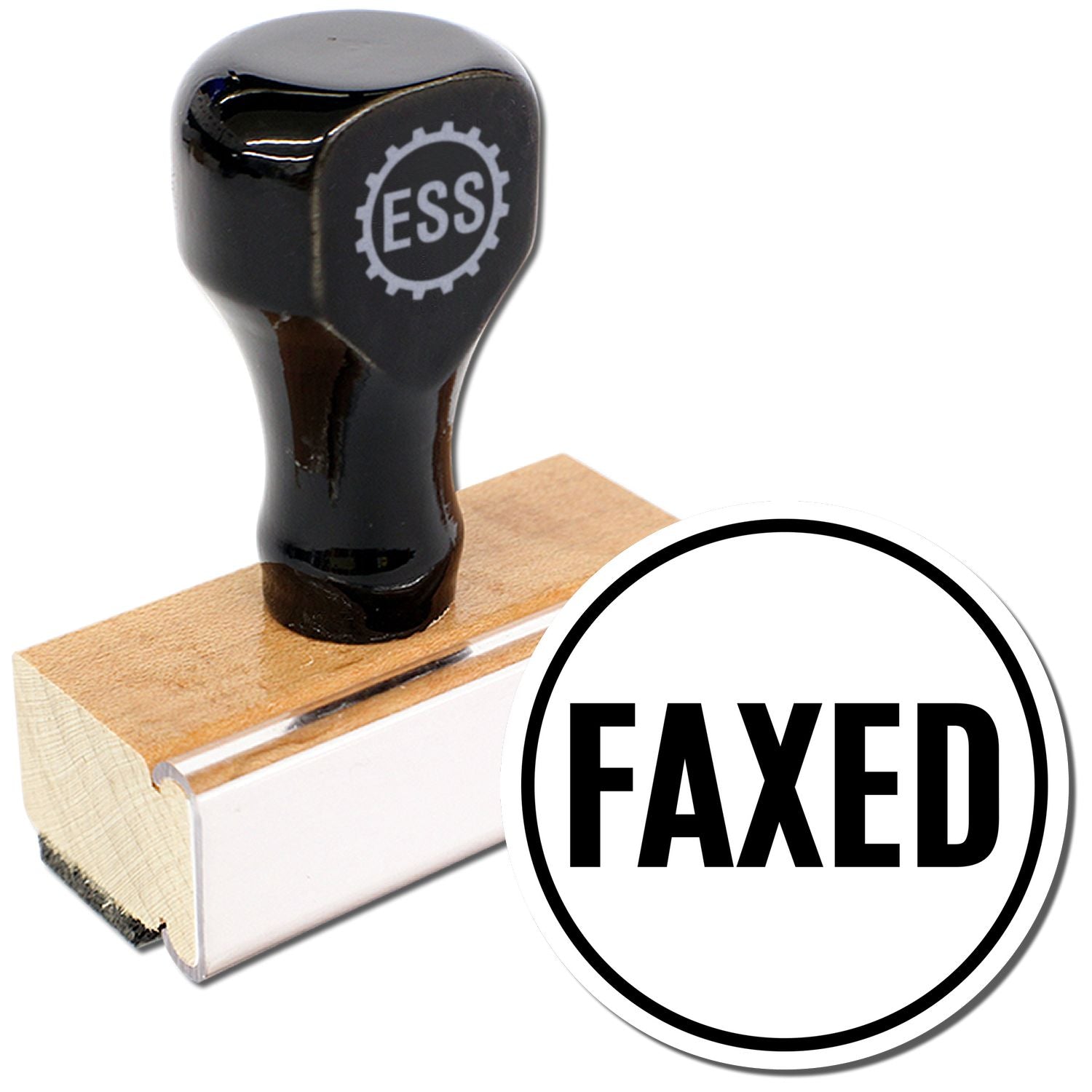 Round Faxed Rubber Stamp with a black handle and wooden base, next to a stamped image reading FAXED in bold black letters.