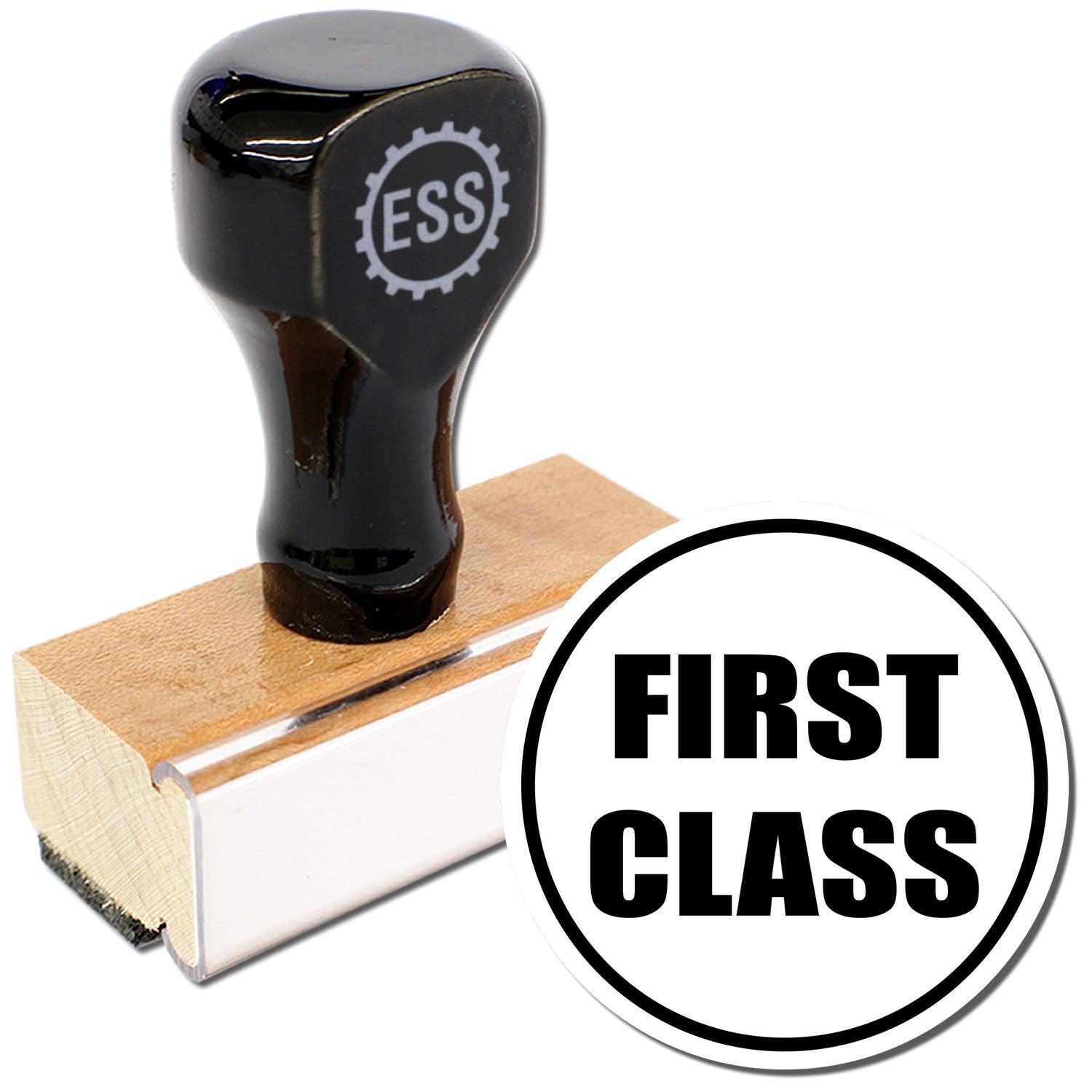 Round First Class Rubber Stamp with a black handle and wooden base, next to a circular First Class label.