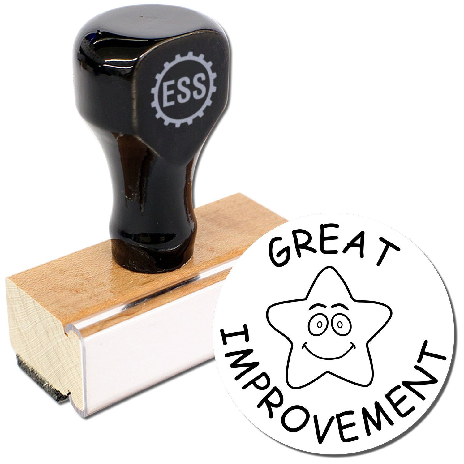 Round Great Improvement Rubber Stamp featuring a bold design with the phrase 'Great Improvement' in black ink, ideal for teachers and office use.