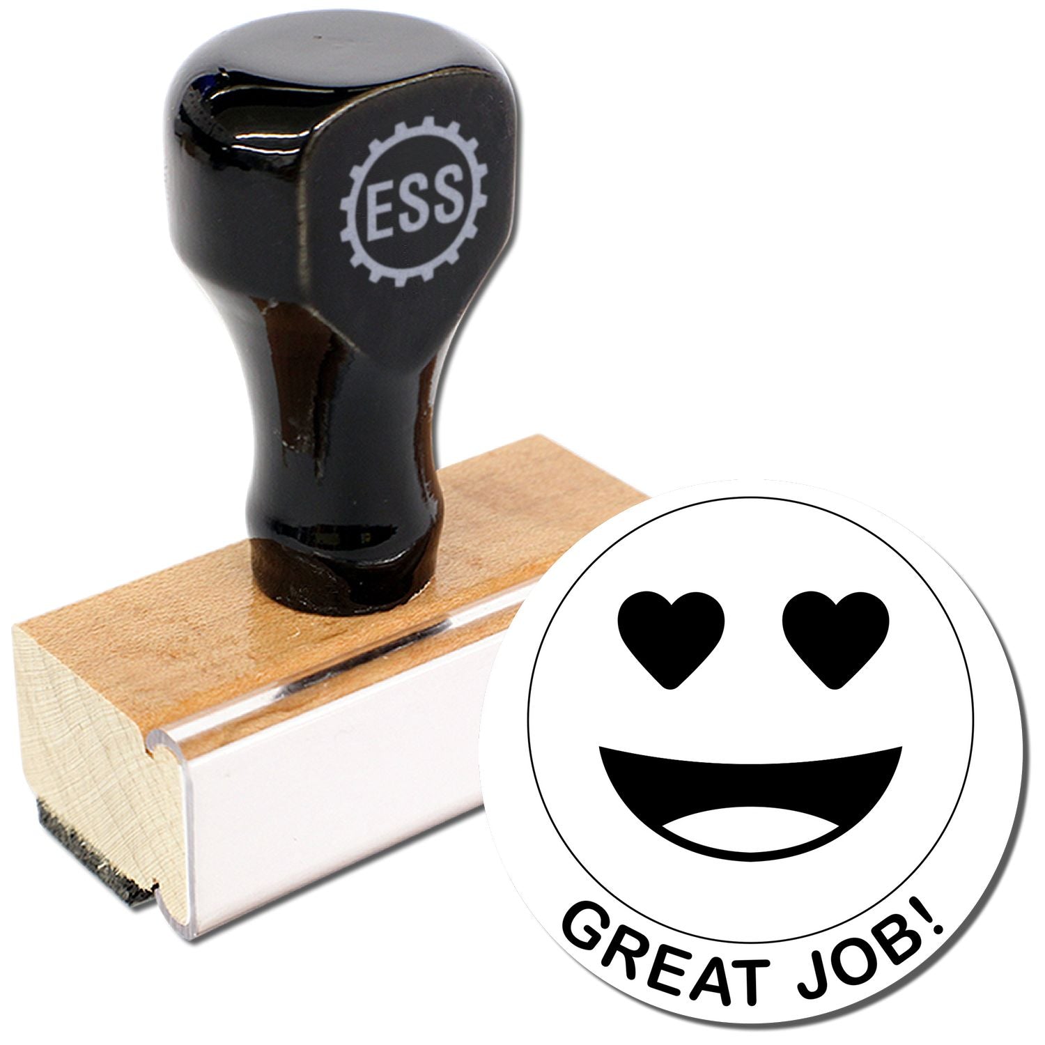 Round Great Job Smiley Rubber Stamp with a wooden handle and a smiling face with heart eyes imprint saying 'Great Job!'