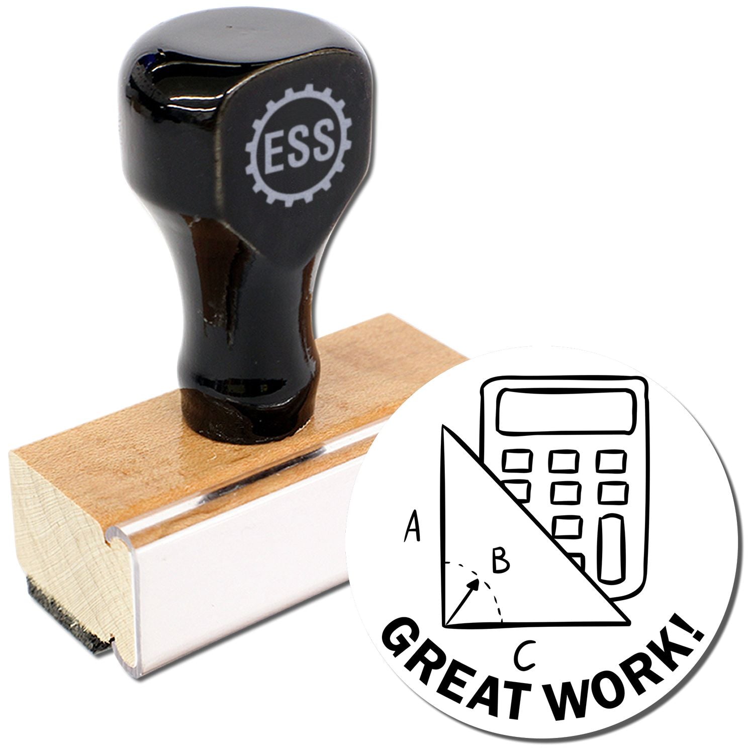 Round Great Work with Calculator Rubber Stamp featuring a black handle, wooden base, and a design with a calculator and geometric shapes.