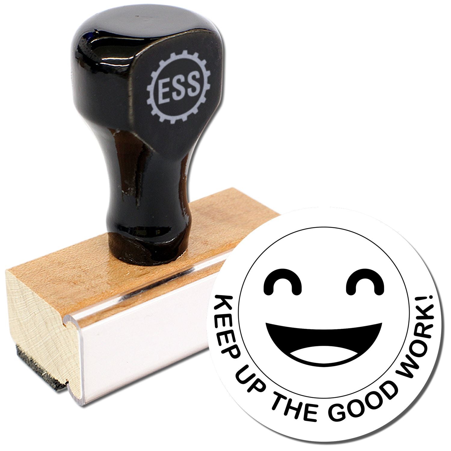 Round Keep up the Good Work Smiley Rubber Stamp with a black handle and wooden base, next to a stamped smiley face with text.