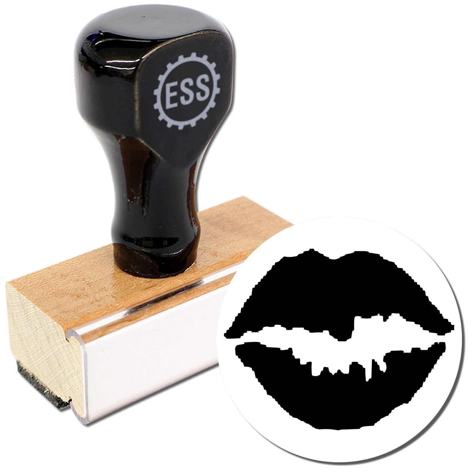 Round Kiss Rubber Stamp with a black handle and wooden base, featuring a lip print design on the stamp face.