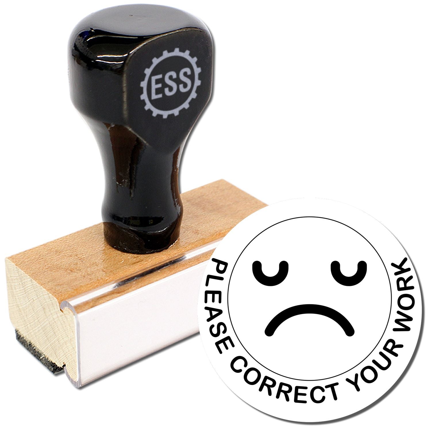 Round Please Correct Smiley Rubber Stamp with black handle, wooden base, and a sad face with PLEASE CORRECT YOUR WORK text.