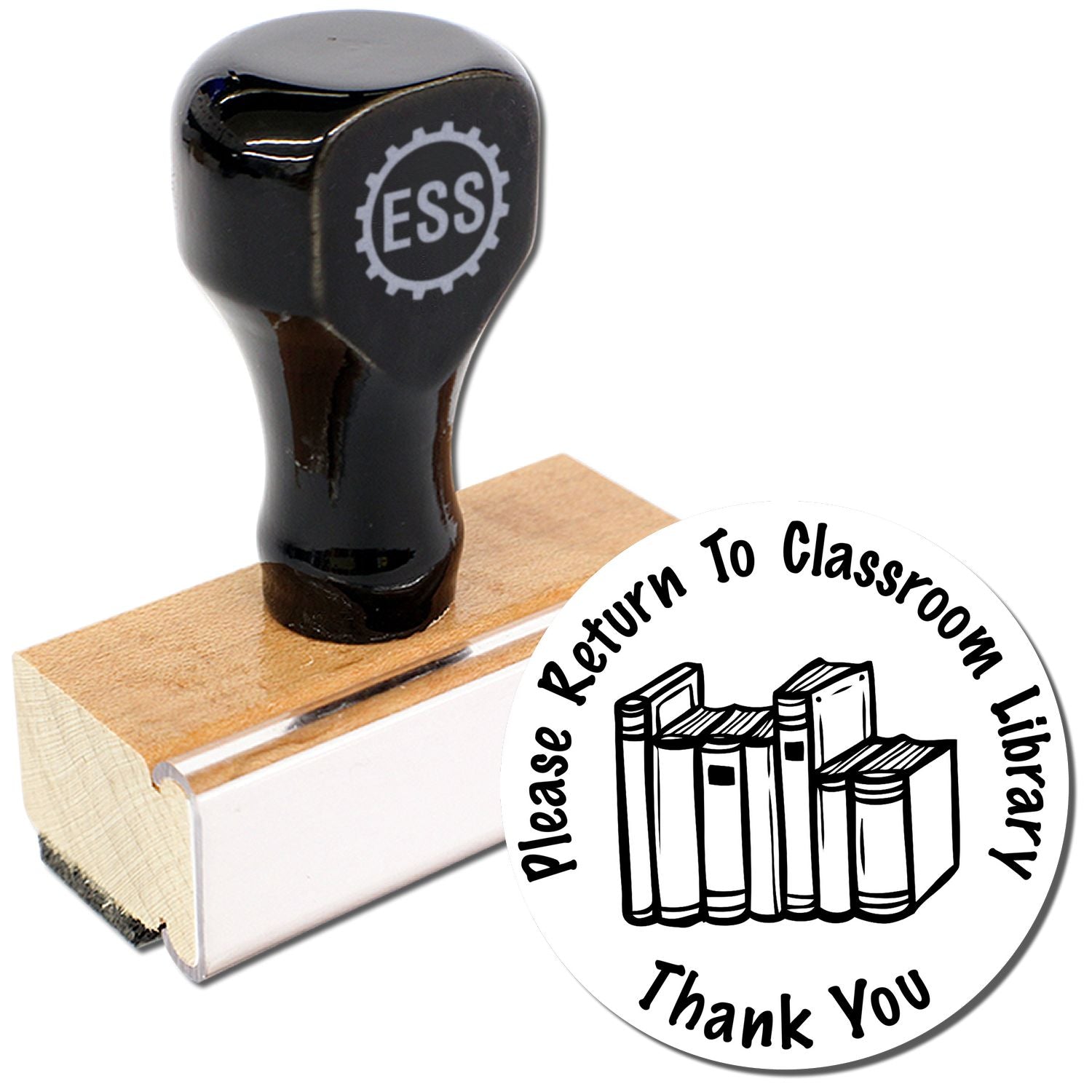 Round Please Return to Classroom rubber stamp with a wooden handle and a design featuring books and the text Thank You.