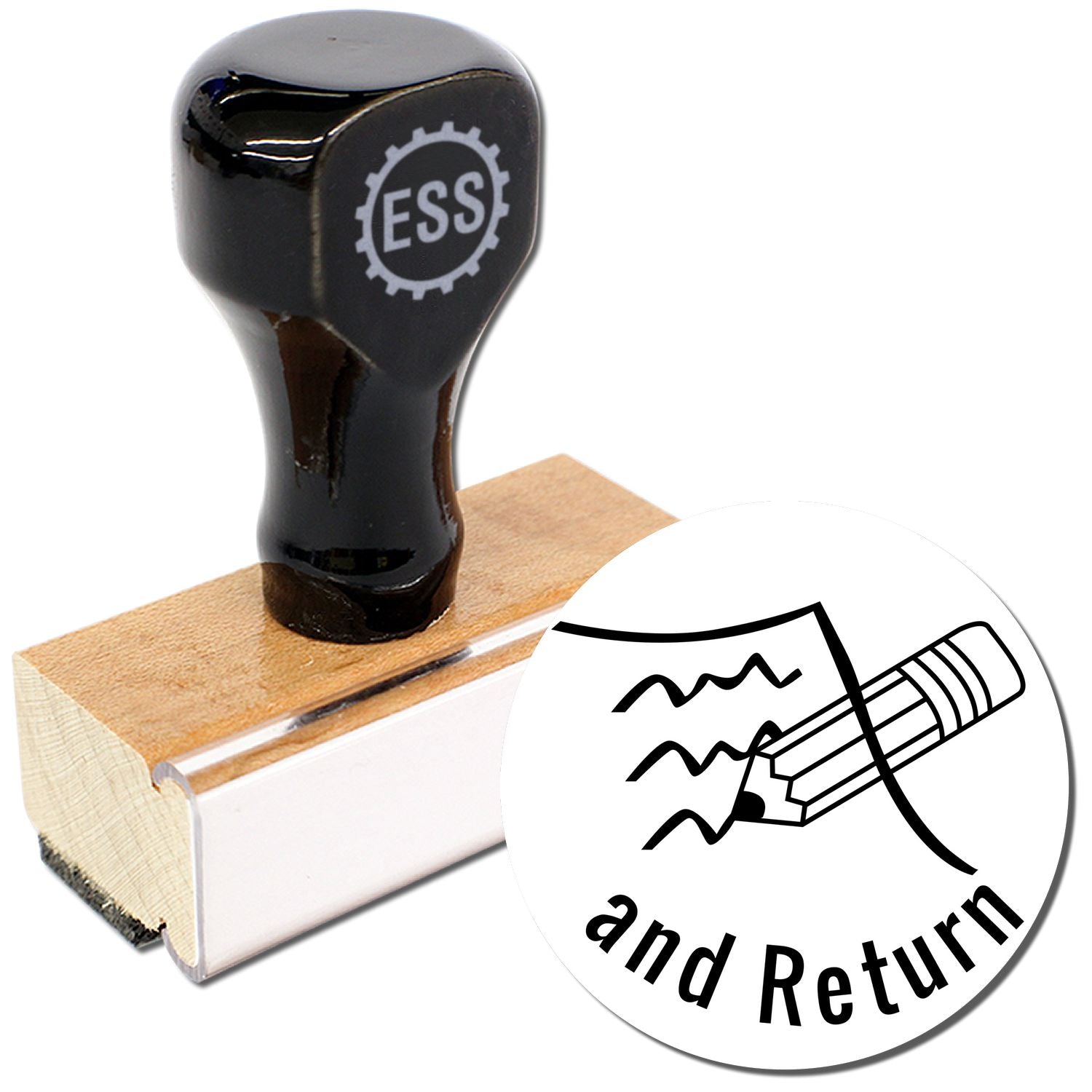 Round Sign and Return Rubber Stamp with black handle and wooden base, featuring a pencil graphic and the text and Return.