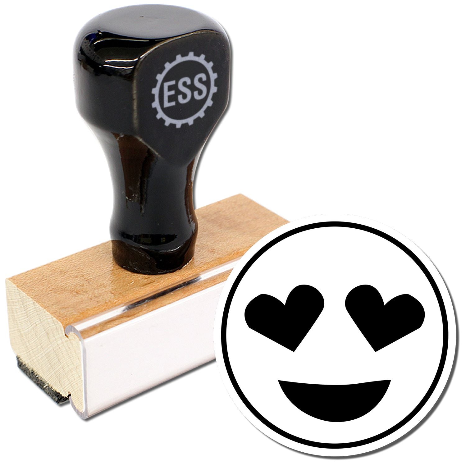 Round Smiley with Hearts Rubber Stamp featuring a black handle and wooden base, next to a stamped image of a smiley face with heart eyes.