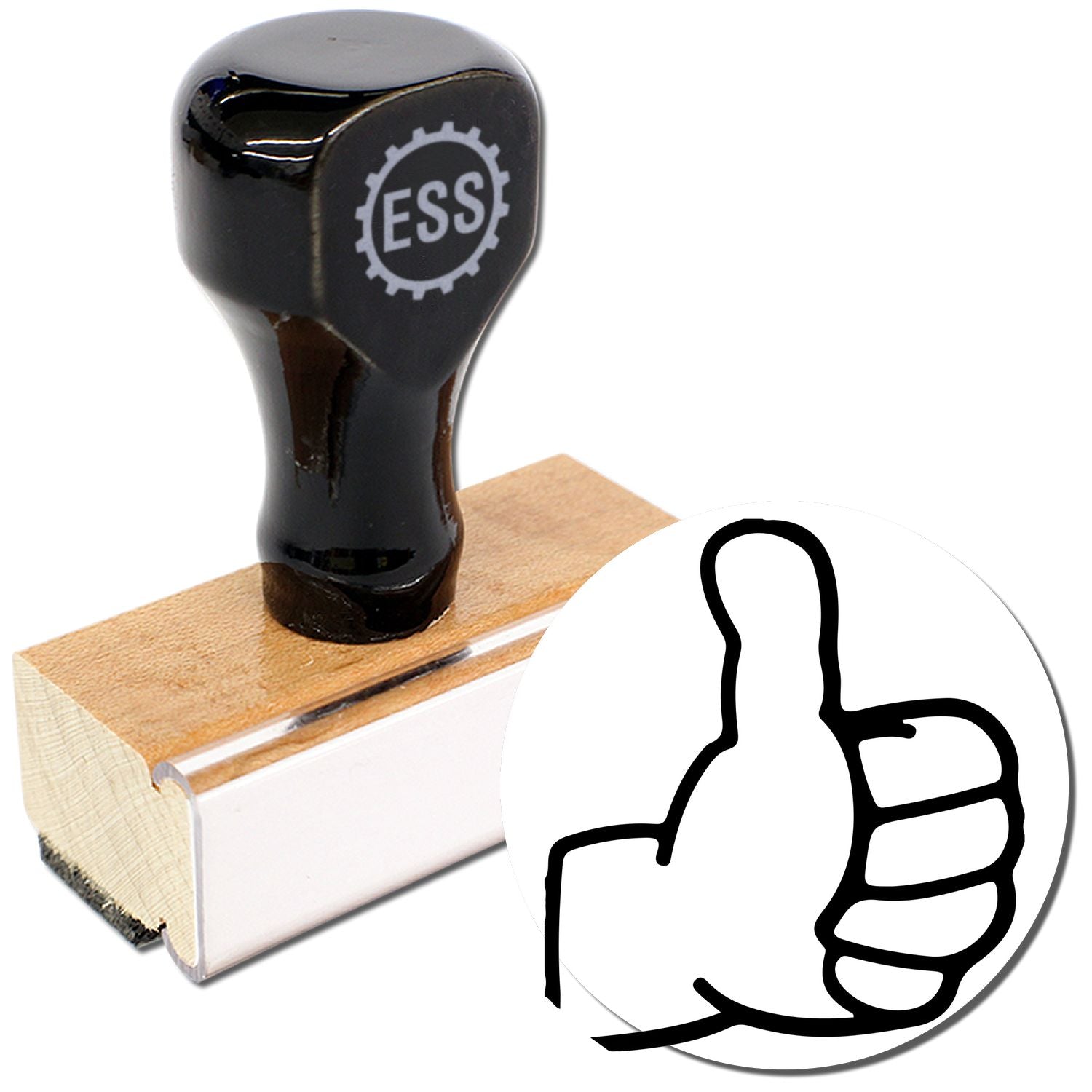 Round Thumbs Up Rubber Stamp with black handle, wooden base, and a thumbs-up imprint design shown next to the stamp.