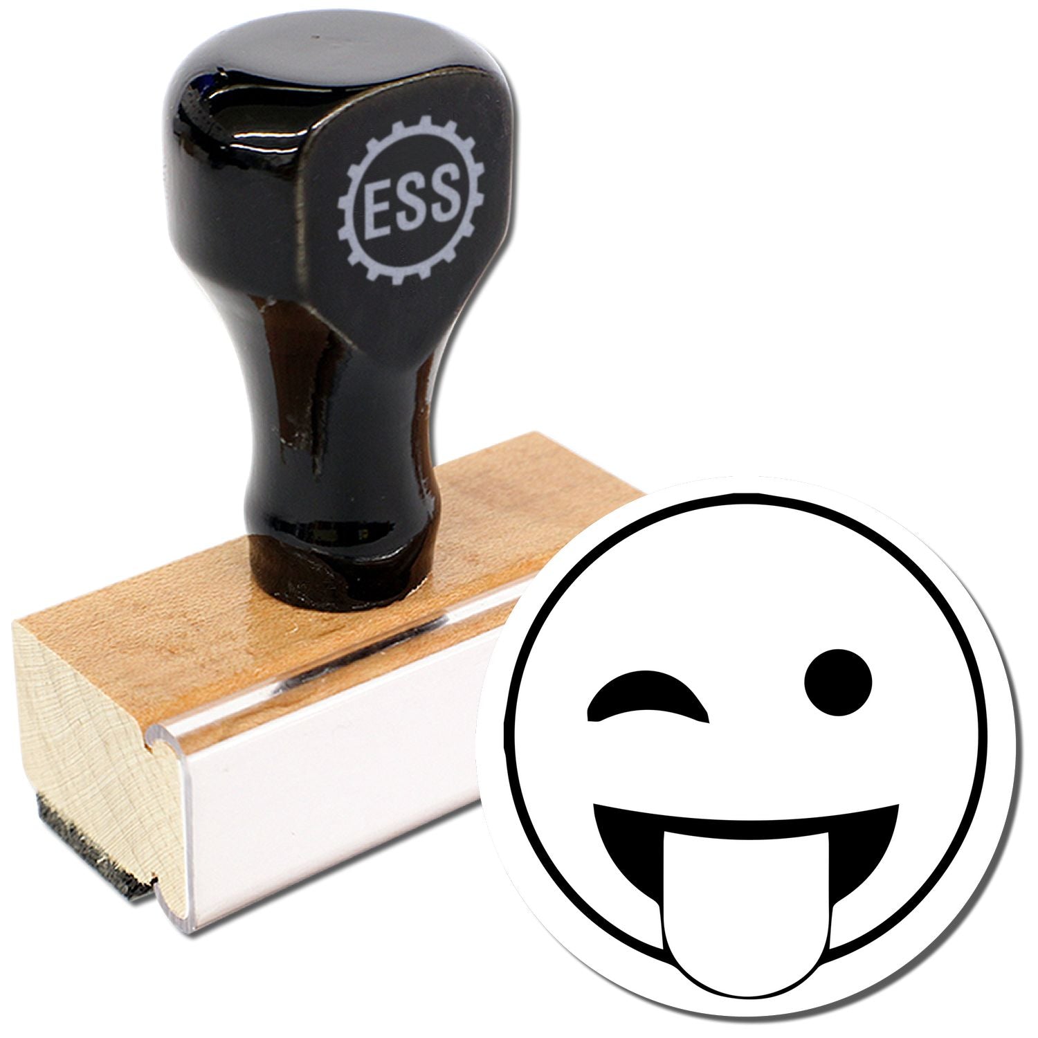 Round Tongue Out Smiley Rubber Stamp with a black handle and wooden base, featuring a winking smiley face with its tongue out.